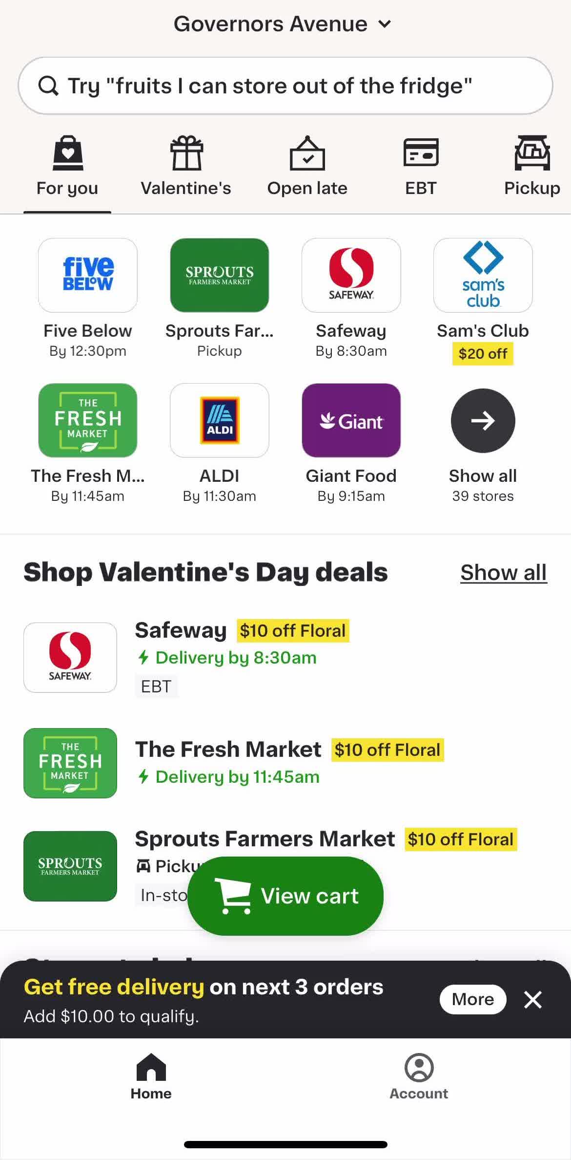 Instacart Home screen in the Upgrading Your Account flow