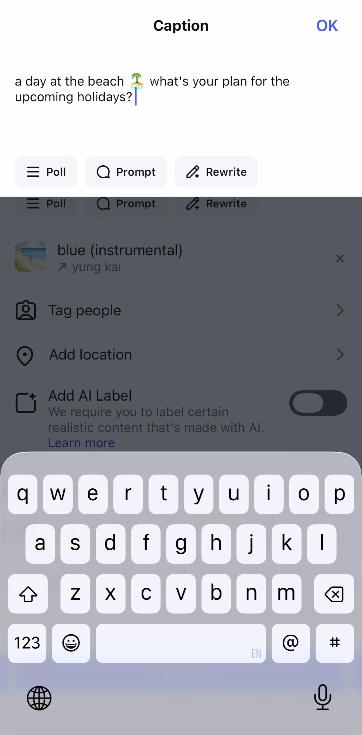 Instagram Screen 1 screen in the Adding a poll flow