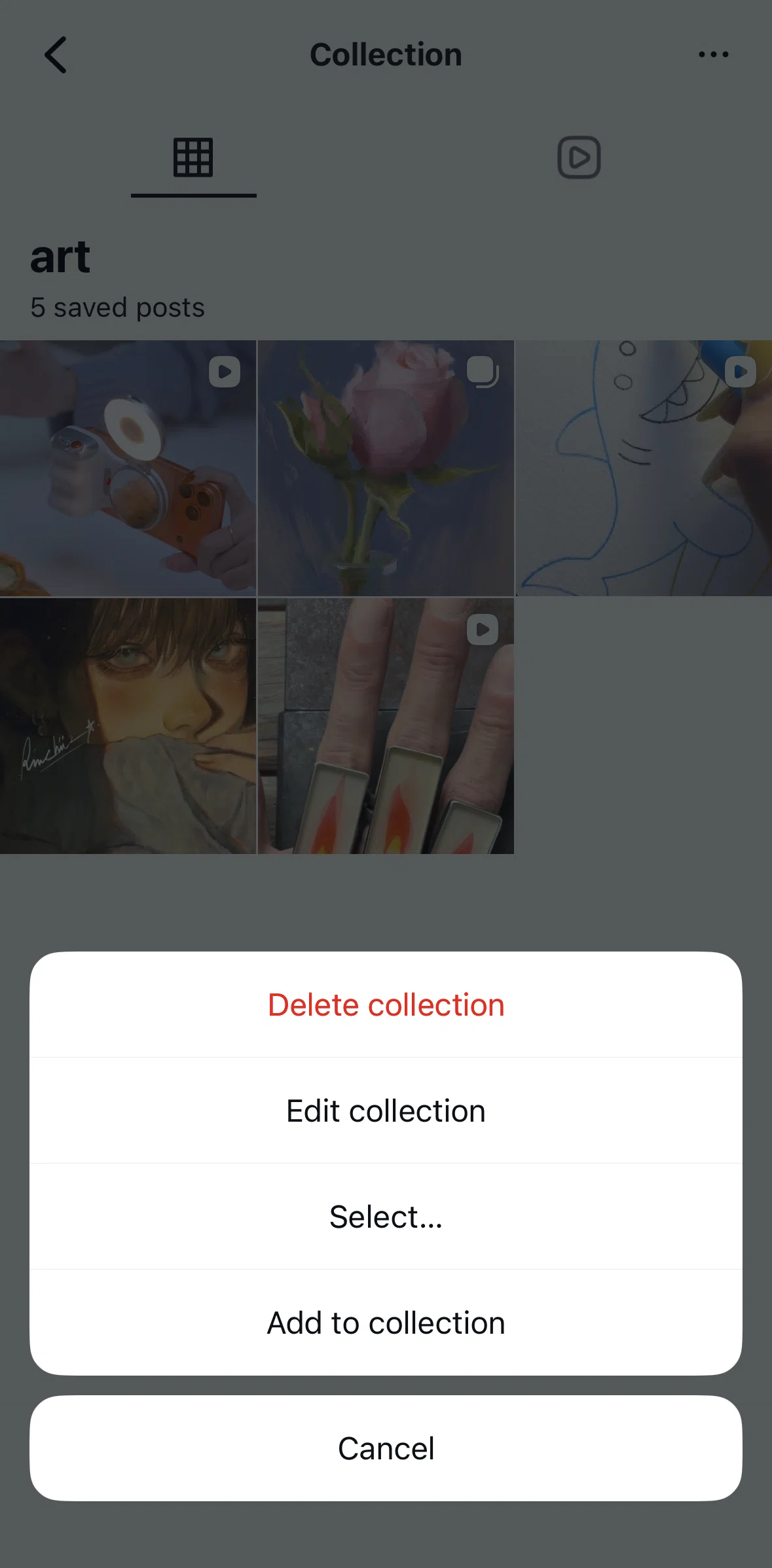 Instagram Screen 1 screen in the Adding to a collection flow