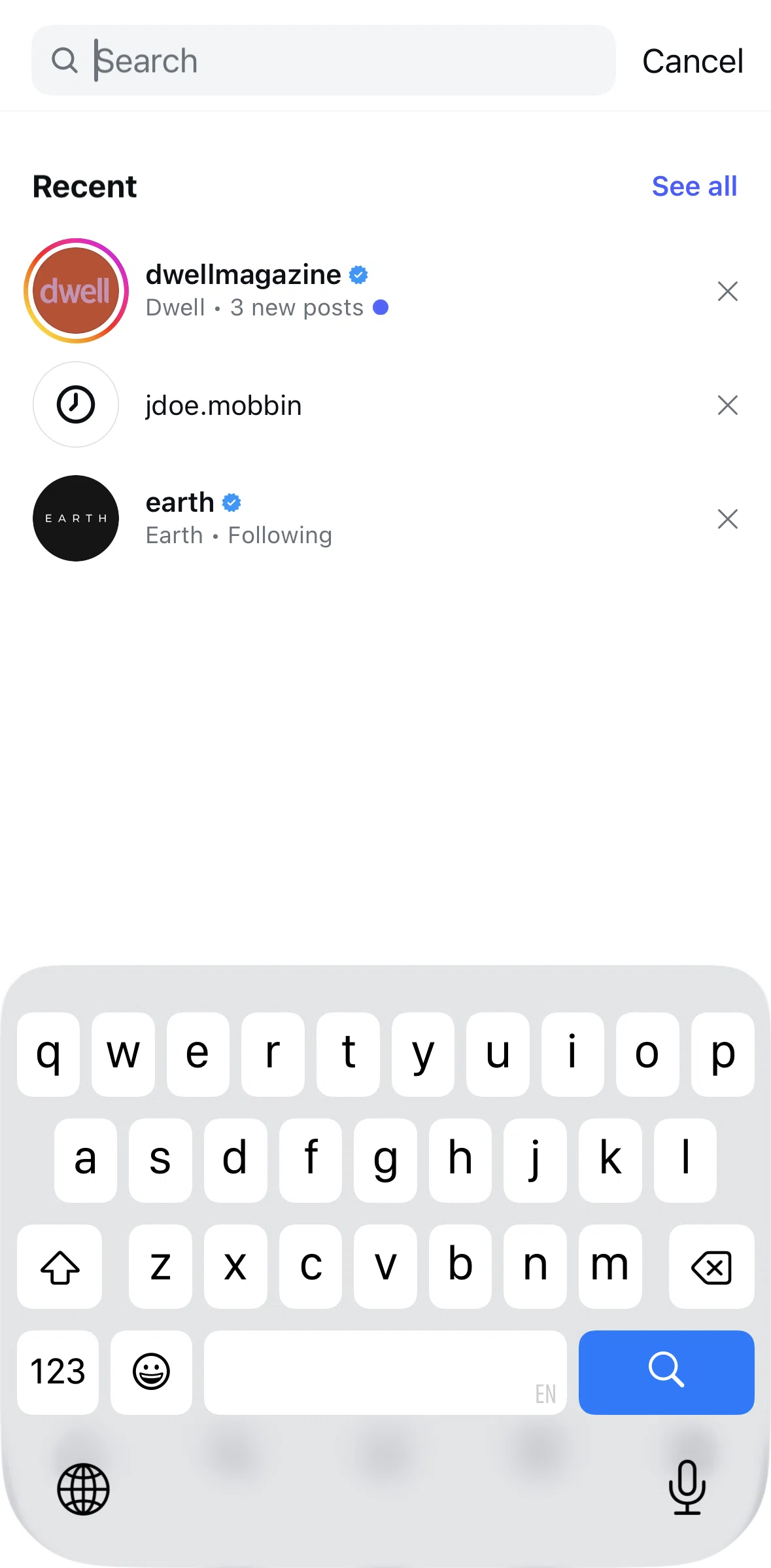 Instagram Screen 1 screen in the Clearing search history flow