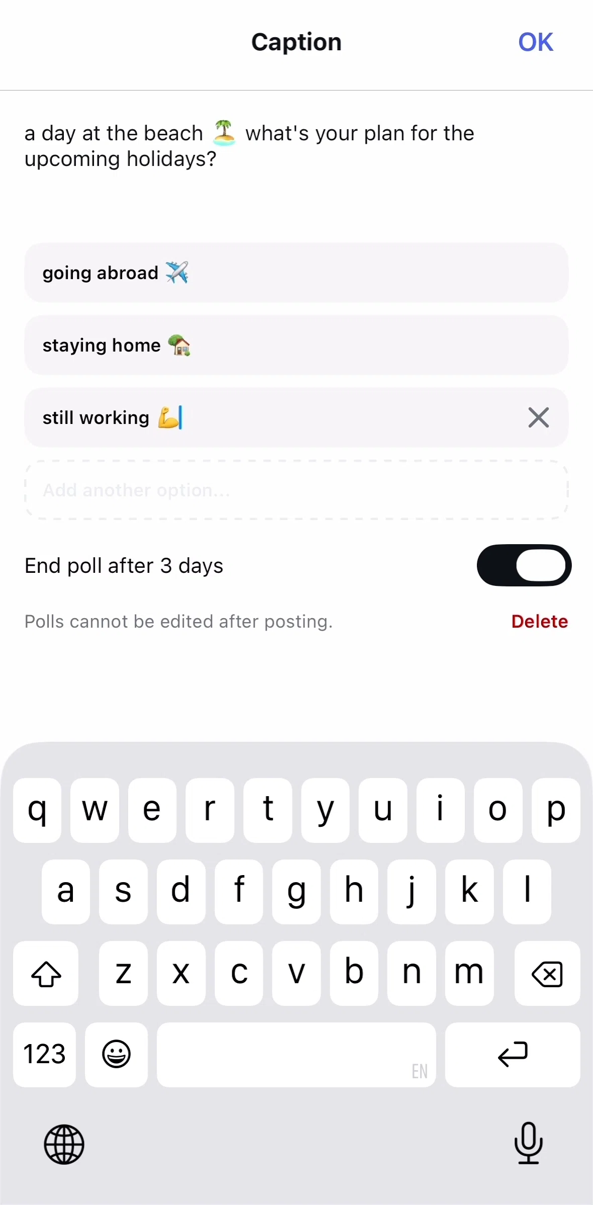 Instagram Screen 1 screen in the Deleting a poll flow