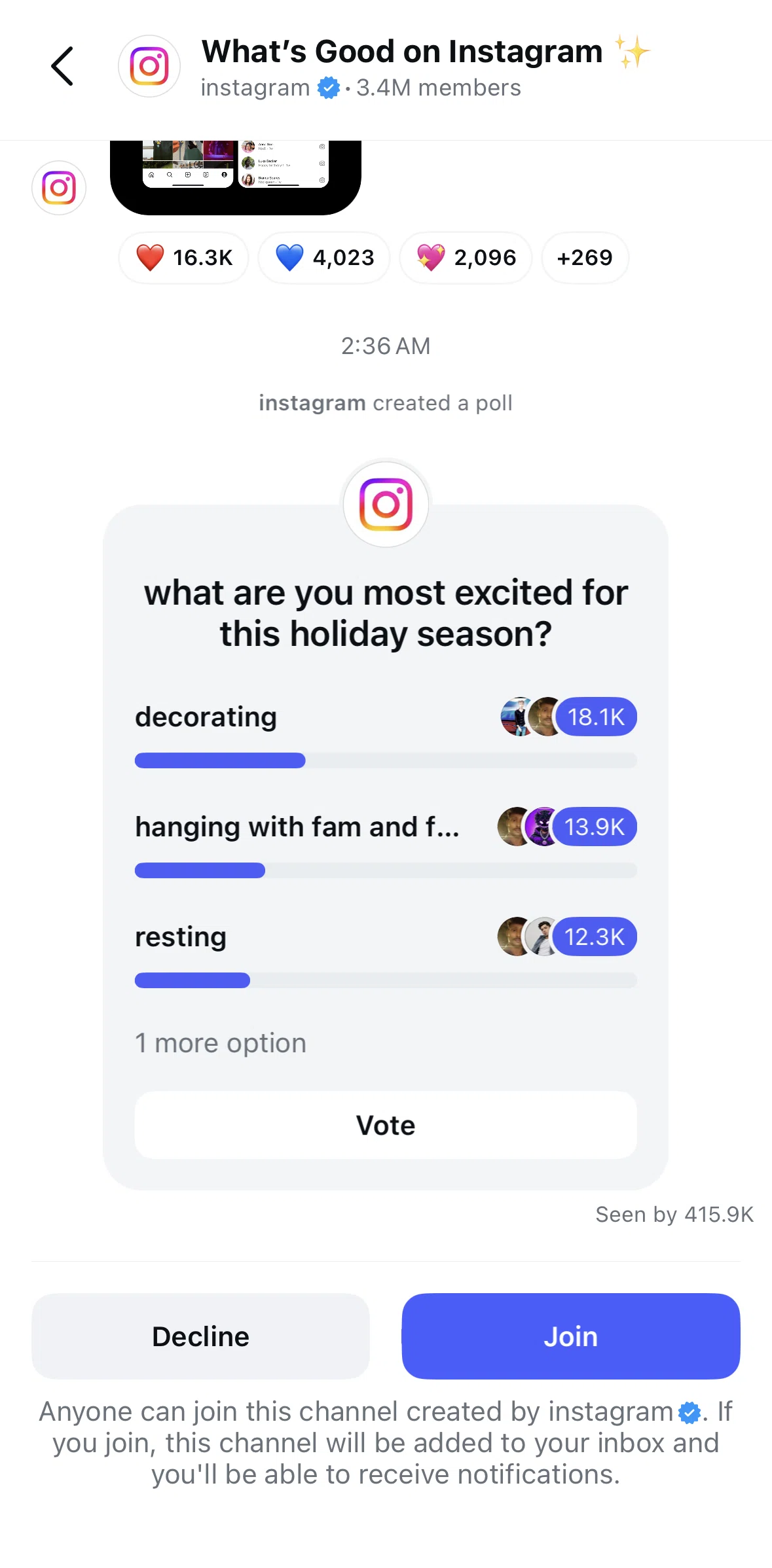 Instagram Screen 1 screen in the Joining a broadcast channel flow