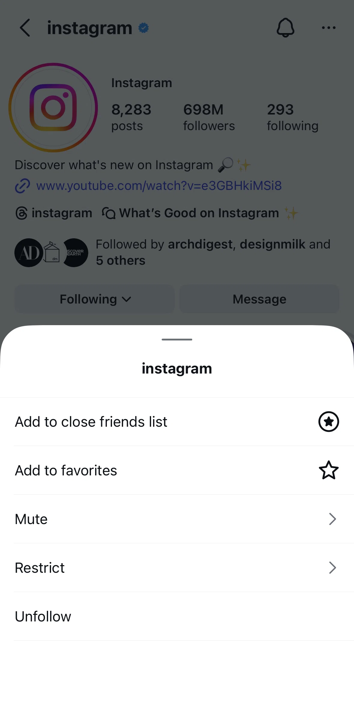 Instagram Screen 1 screen in the Muting a user flow