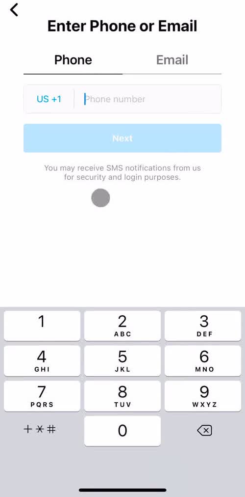 Instagram Sign up screen in the Onboarding flow