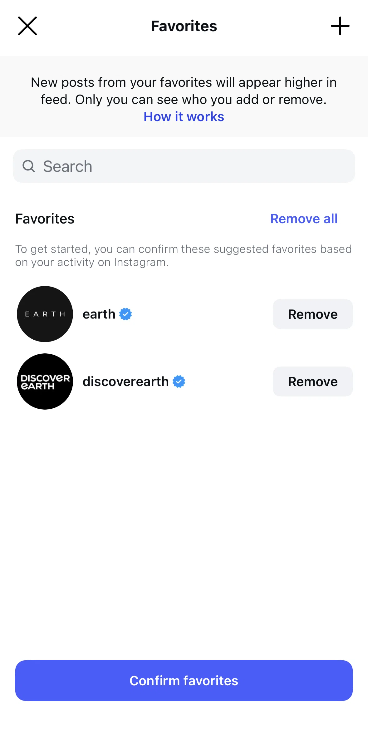 Instagram Screen 1 screen in the Removing favorites flow