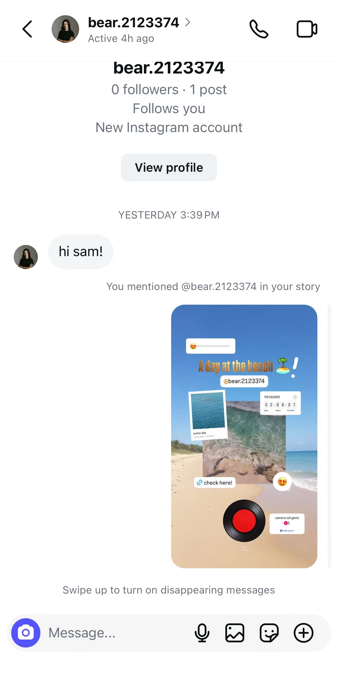 Instagram Screen 1 screen in the Turning on disappearing messages flow