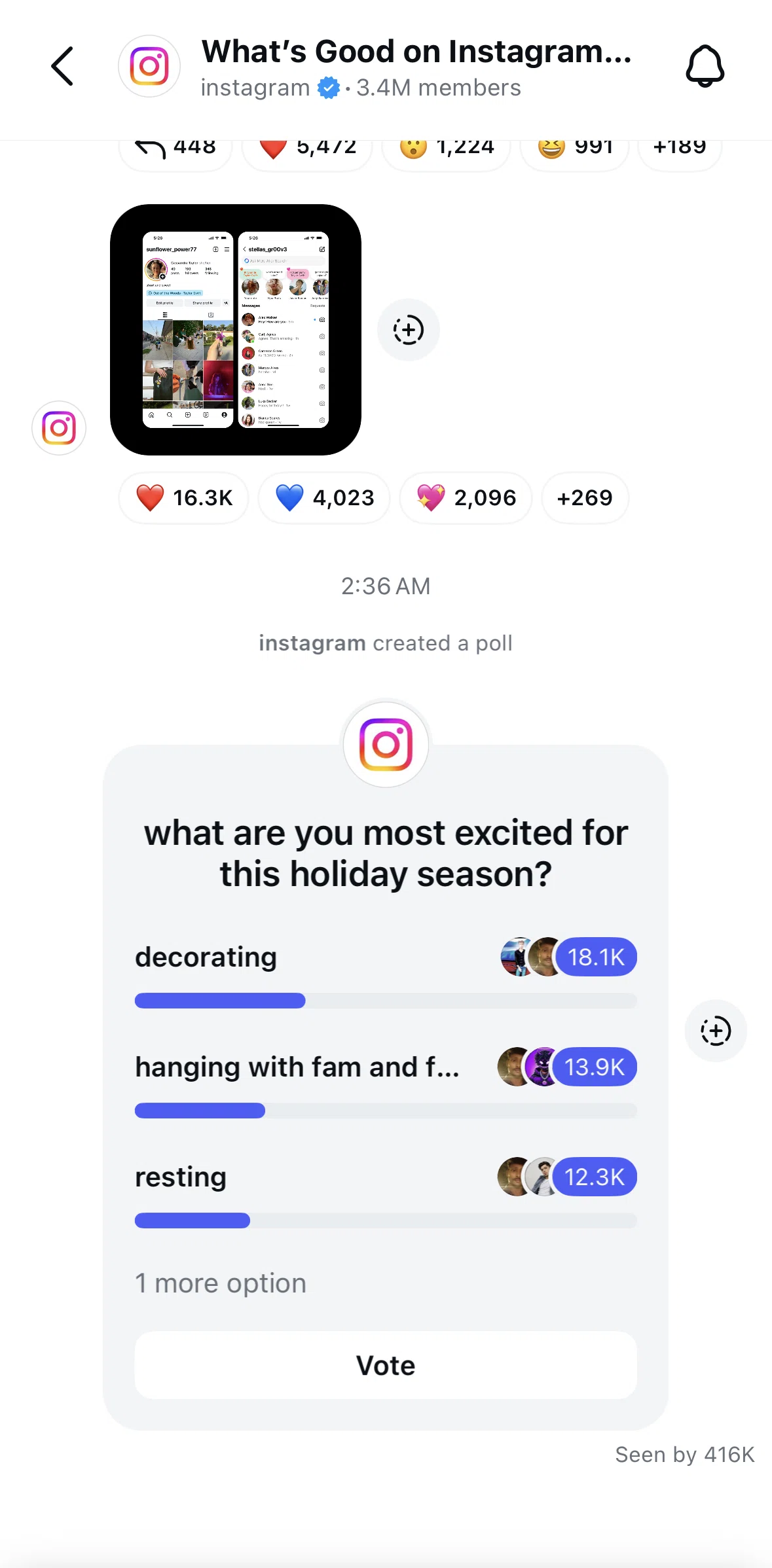Instagram Screen 1 screen in the Voting in a poll (Broadcast channel) flow
