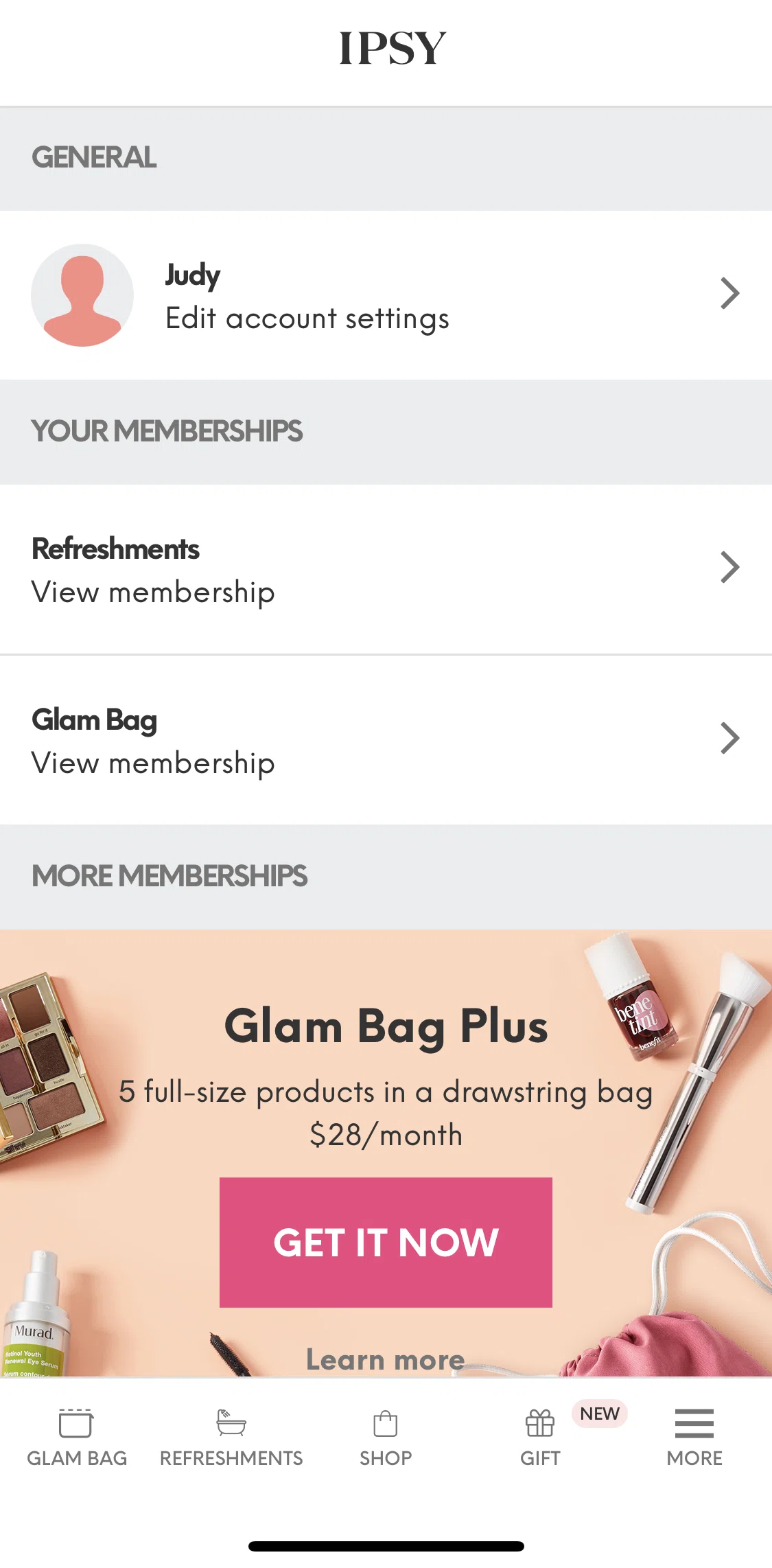 IPSY Screen screen in the Account settings flow
