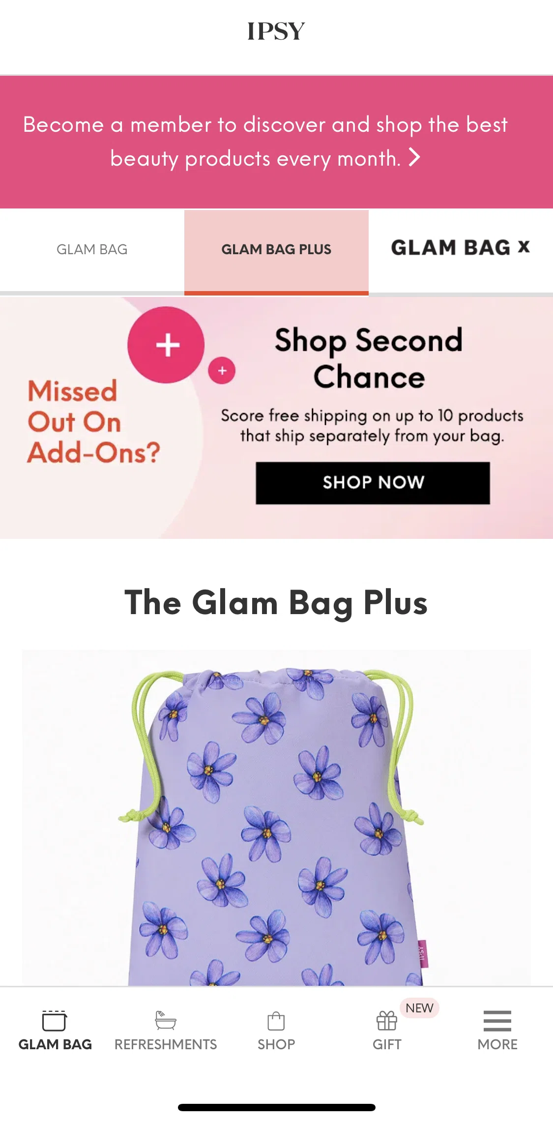 IPSY Screen screen in the Become a Glam Bag Plus member flow
