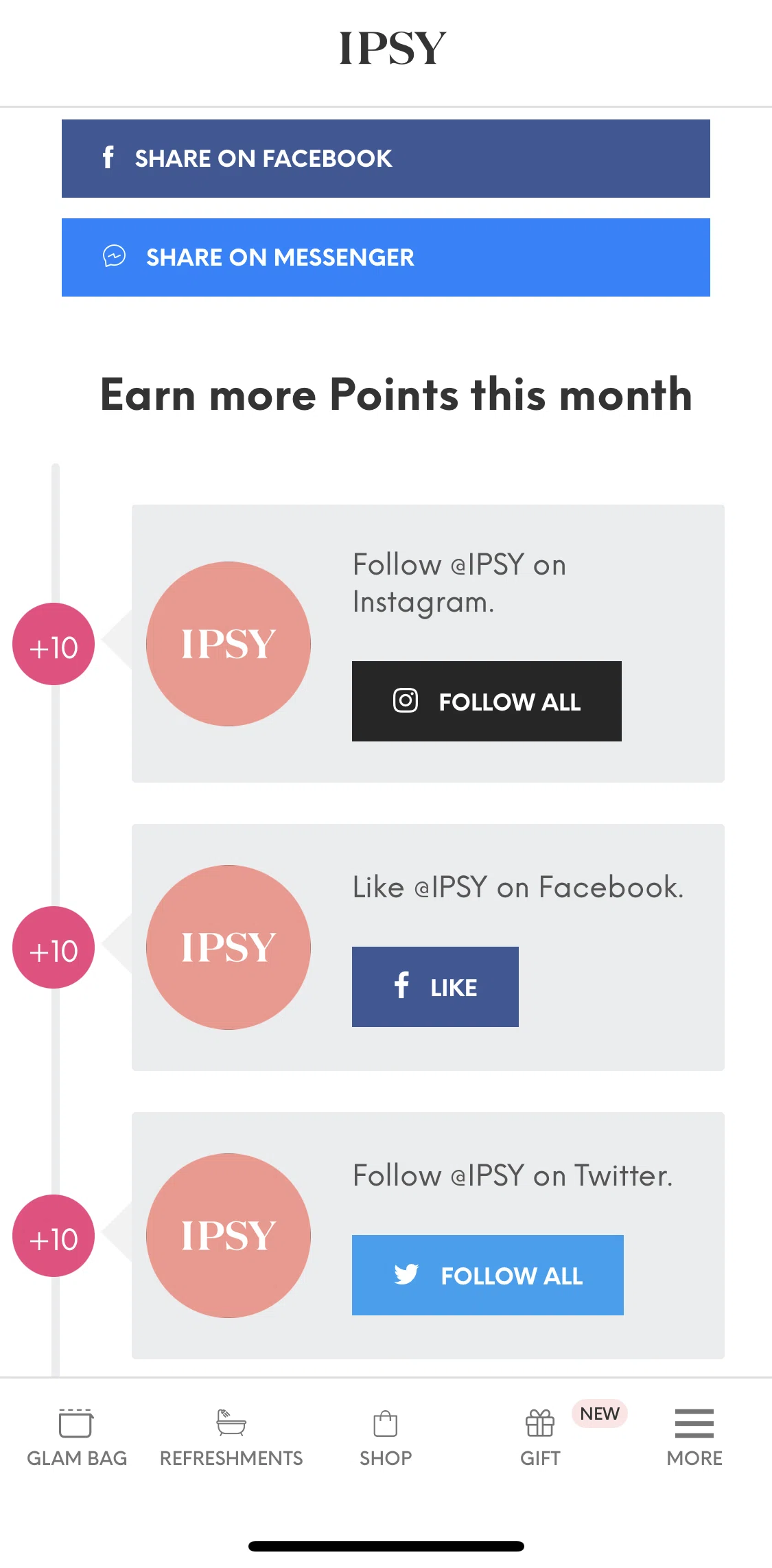IPSY Screen screen in the Earning IPSY points flow