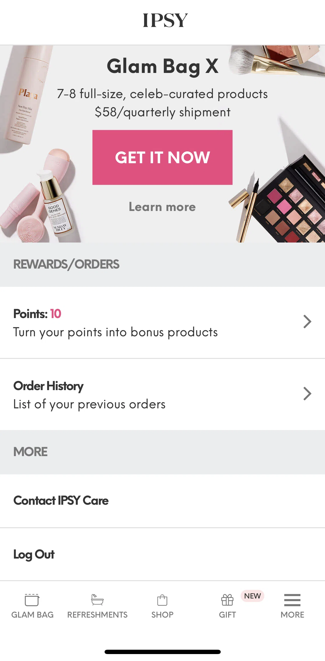 IPSY Screen screen in the Logging out flow