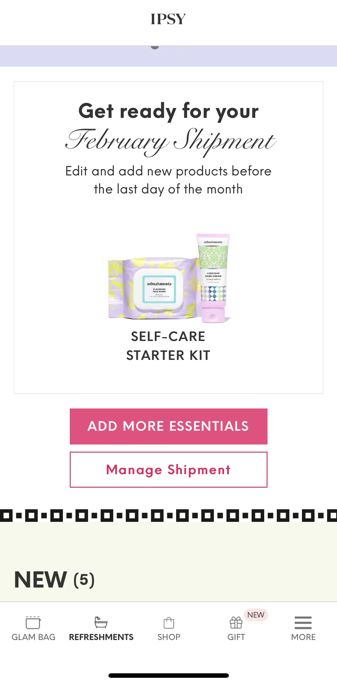IPSY Screen screen in the Manage shipment flow