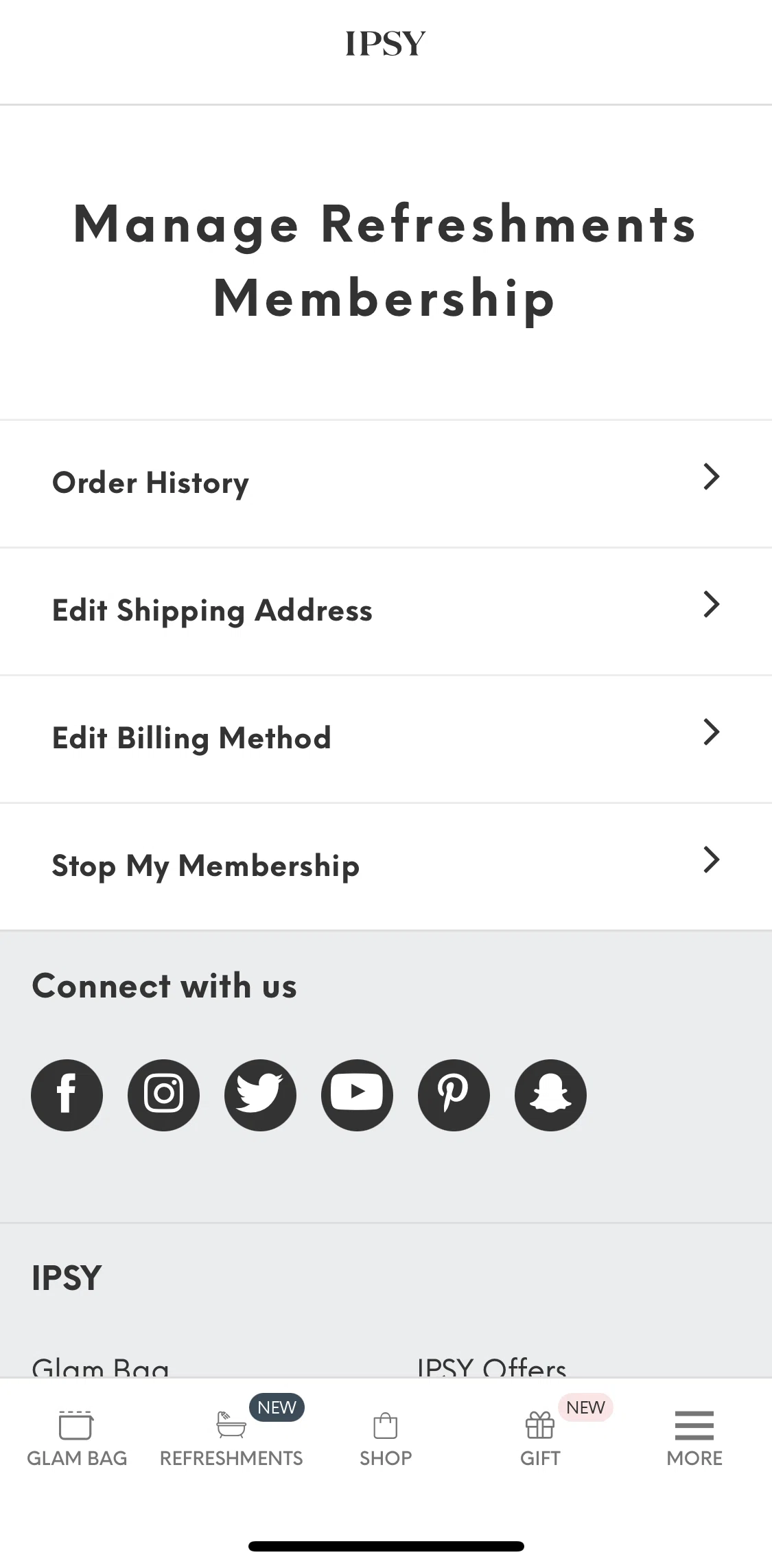 IPSY Screen screen in the Order history (refreshment membership) flow