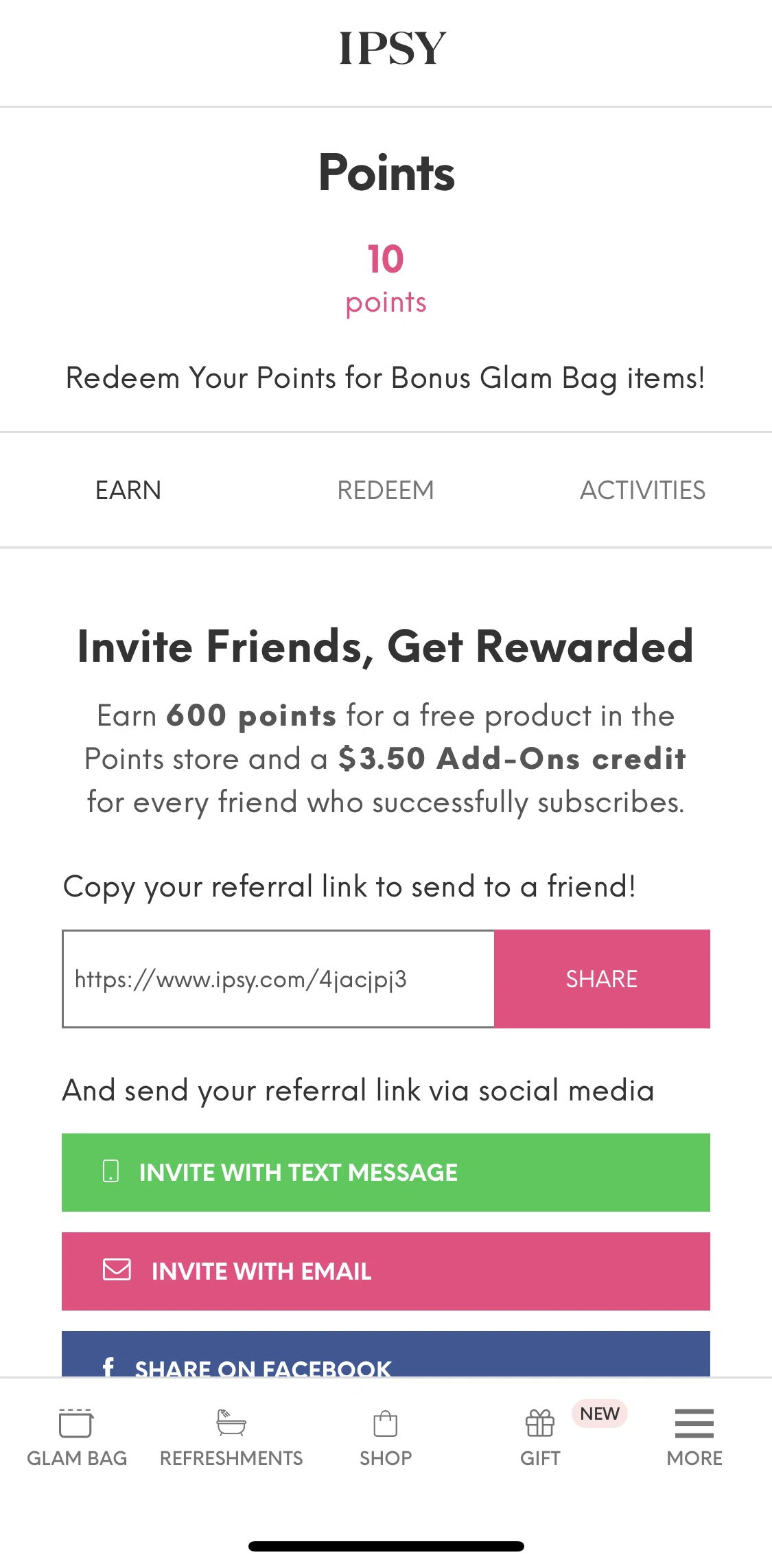 IPSY Screen screen in the Points activities flow