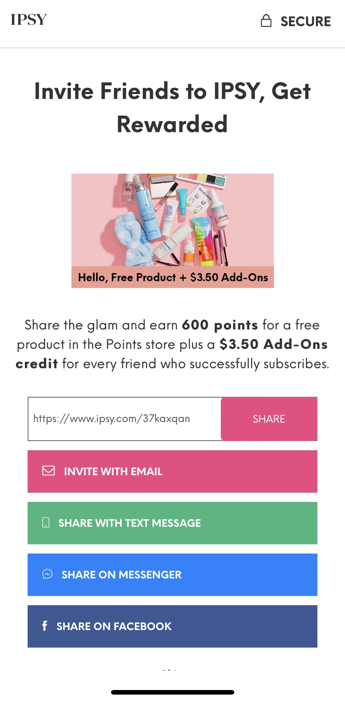 IPSY Screen screen in the Sharing and inviting friends flow