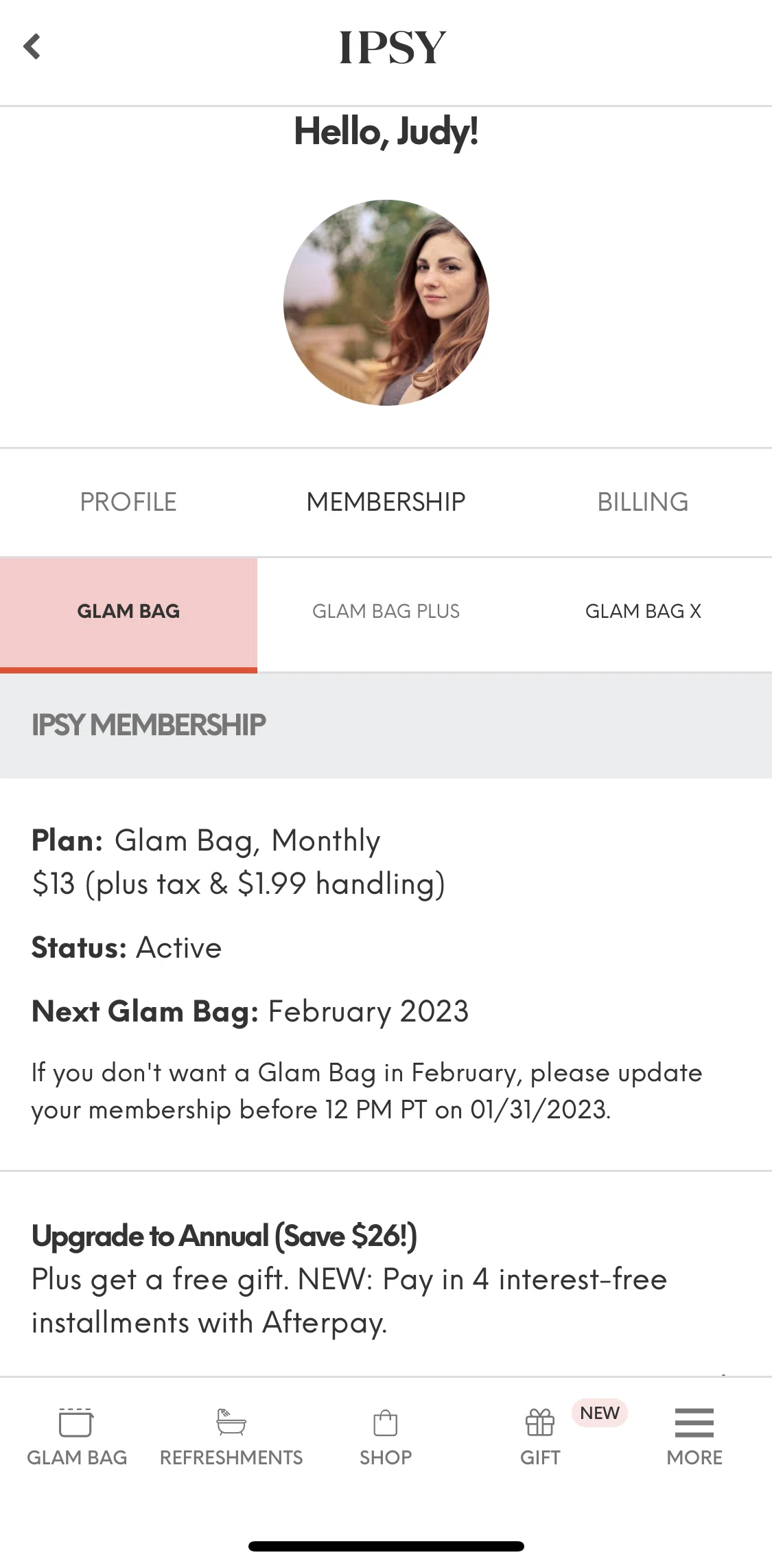 IPSY Screen screen in the Upgrade to Annual flow