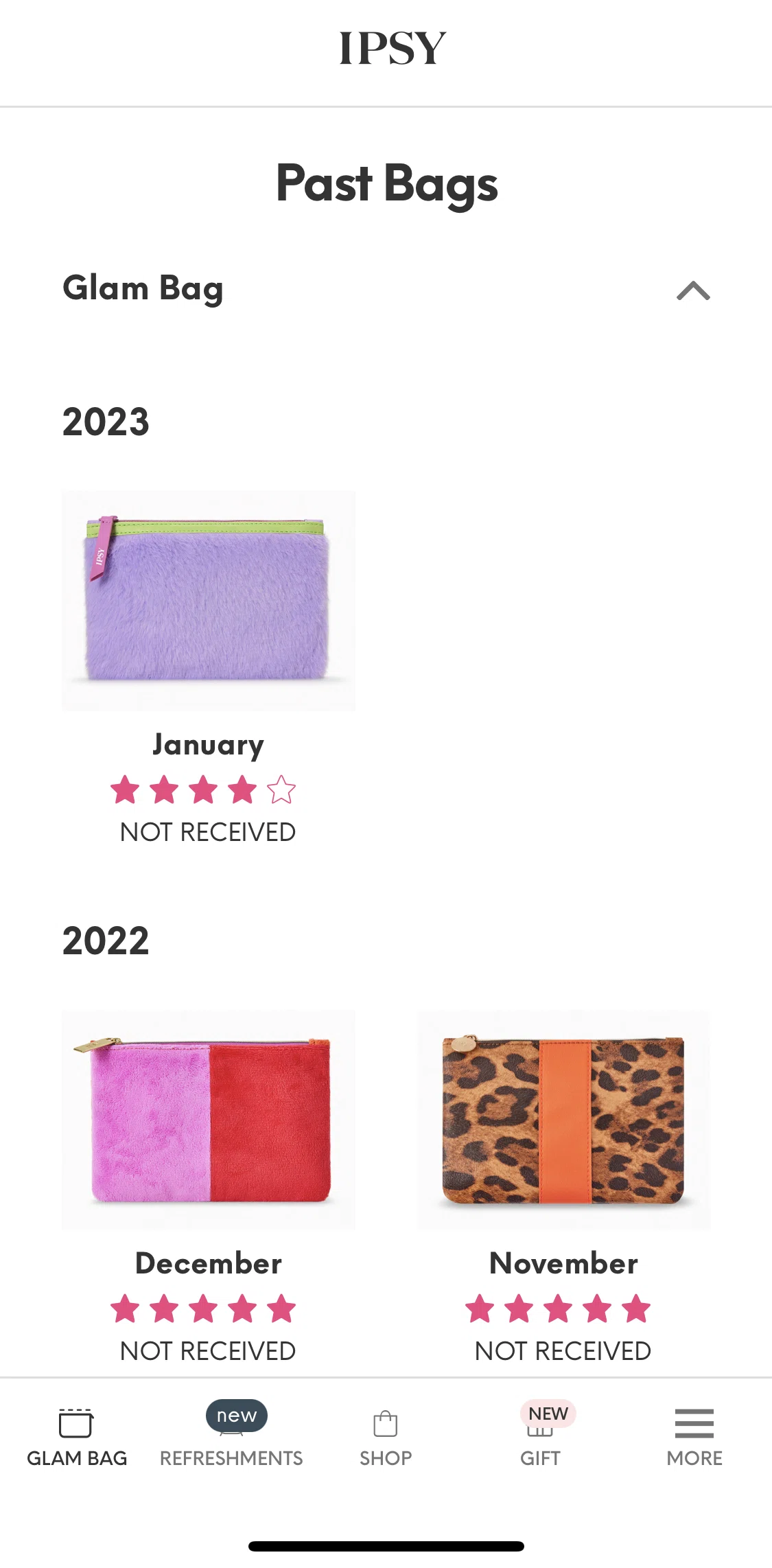 IPSY Screen screen in the View past Glam Bag detail flow