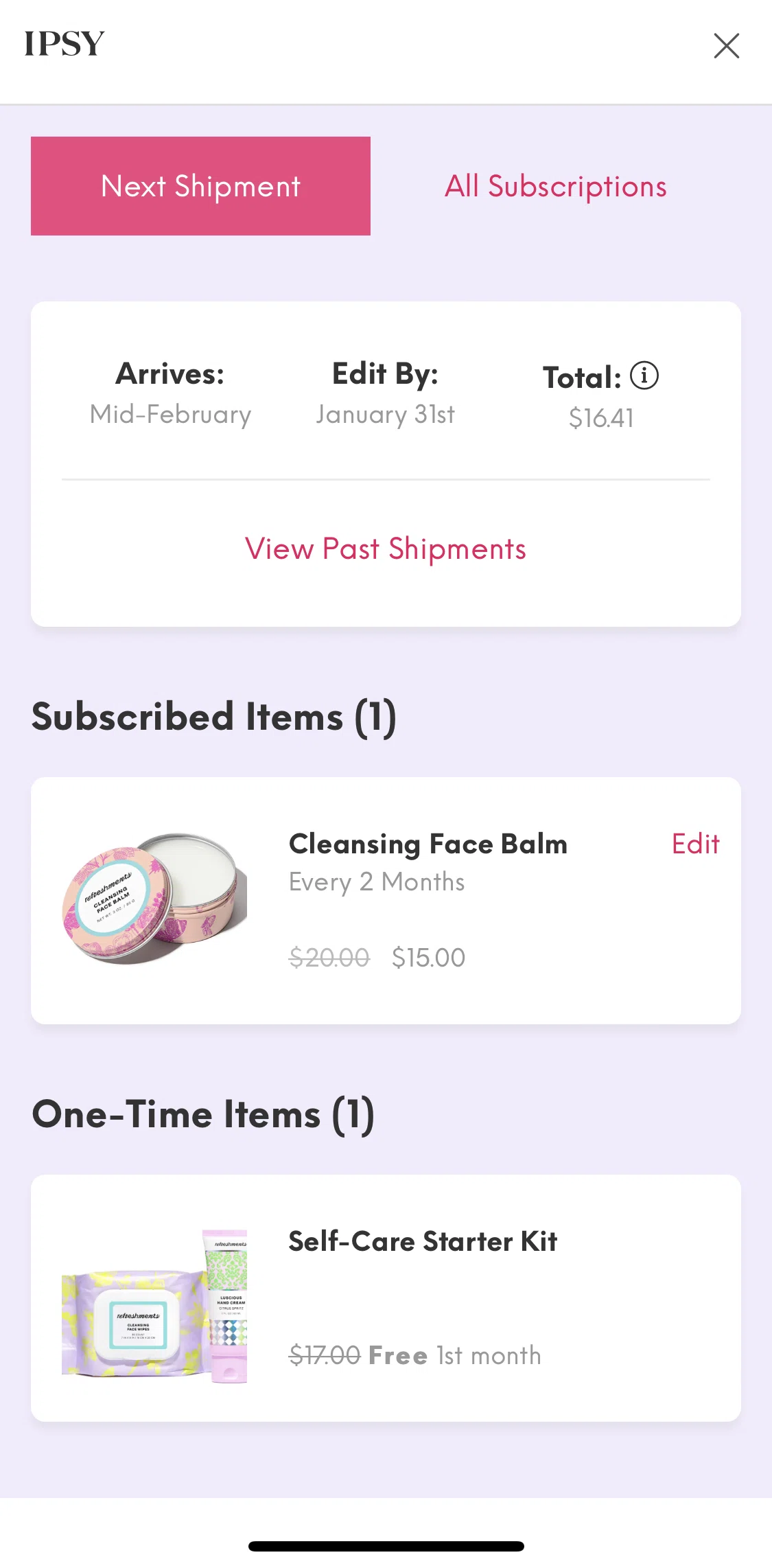 IPSY Screen screen in the View past shipments flow