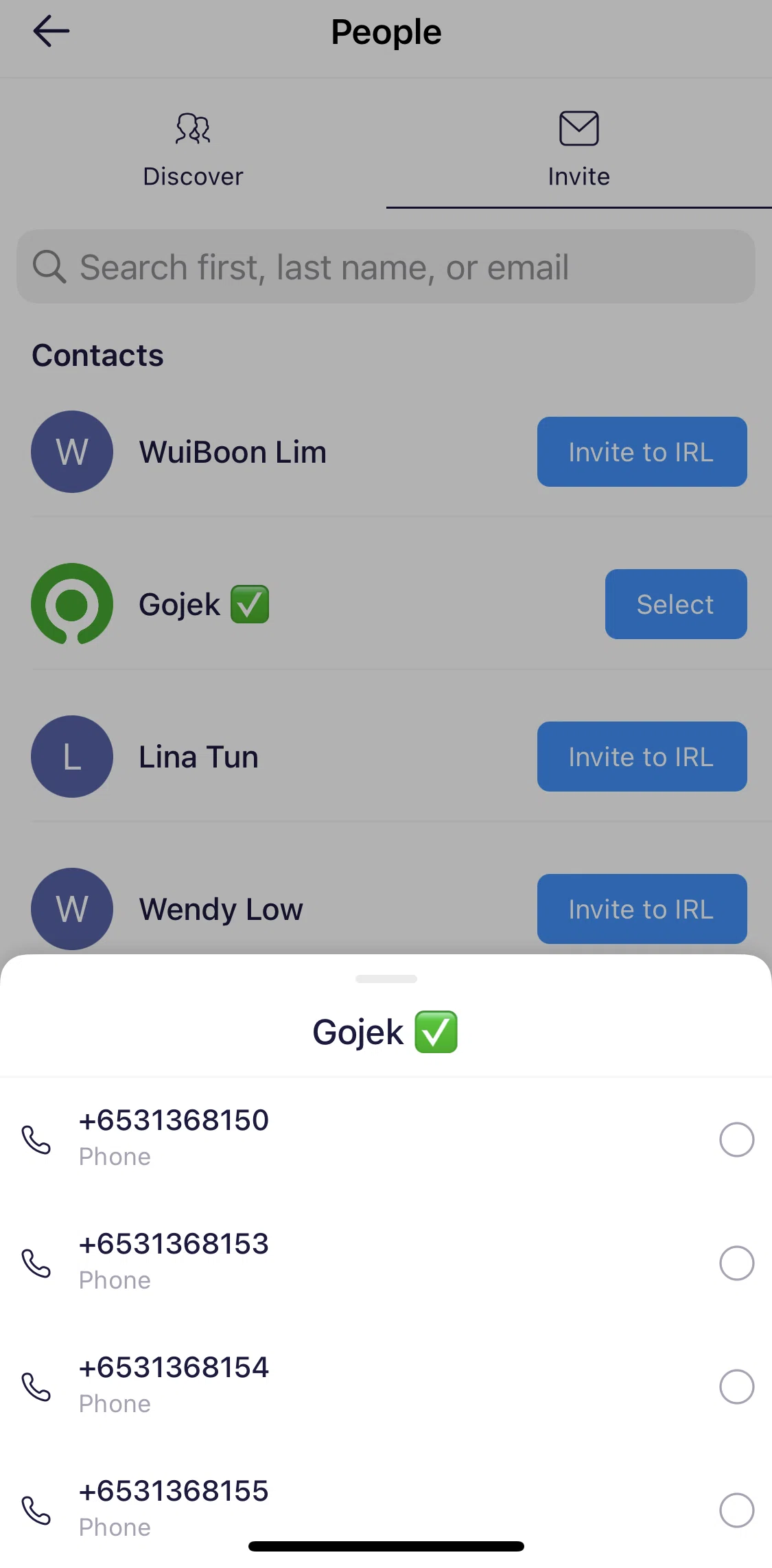 Irl Screen screen in the Select and view contacts in group flow