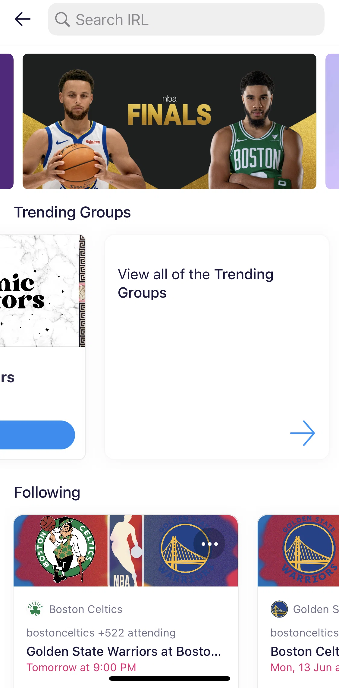 Irl Screen screen in the Trending groups flow