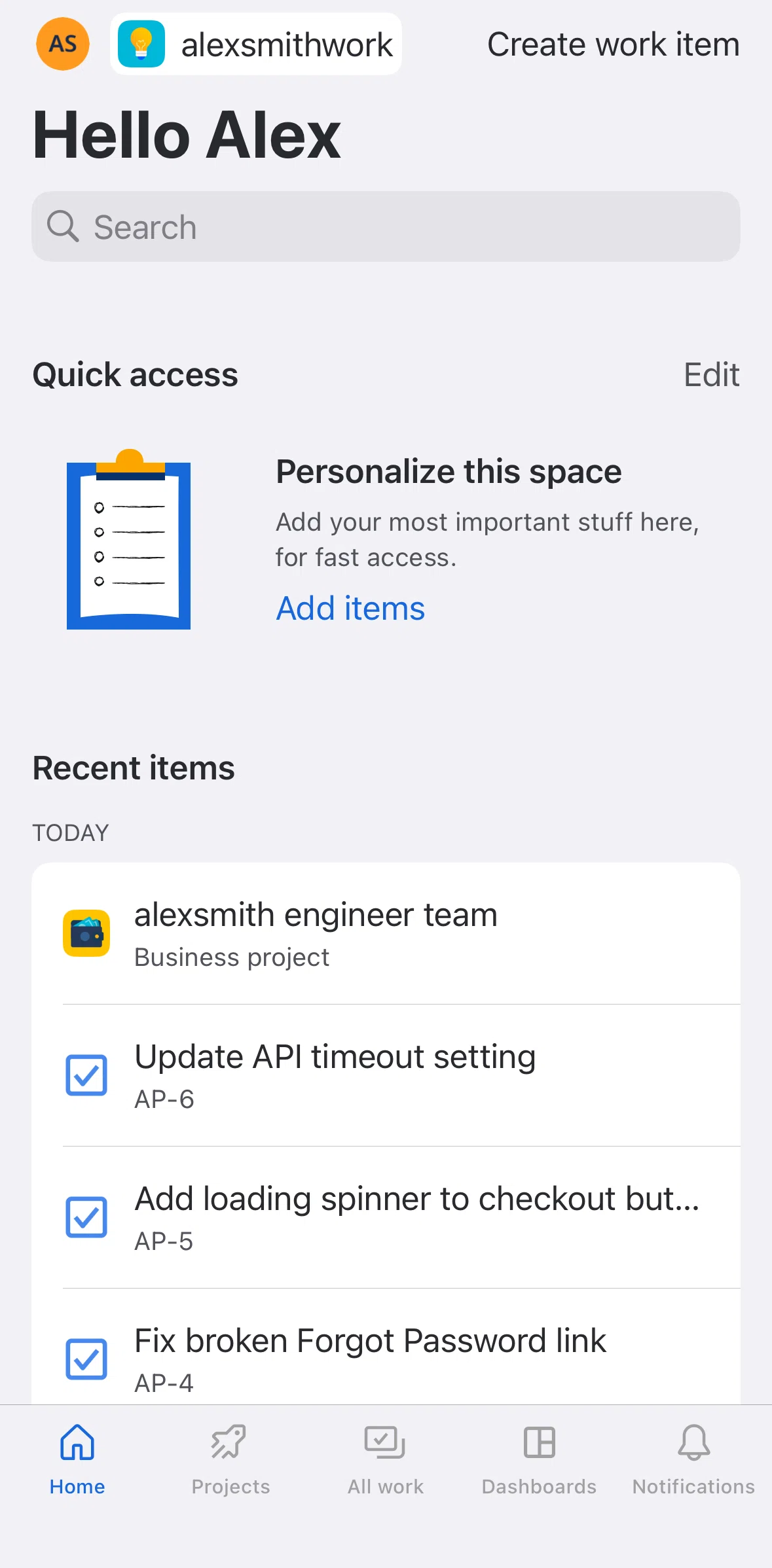 Jira Cloud Screen screen in the Adding an item to quick access flow