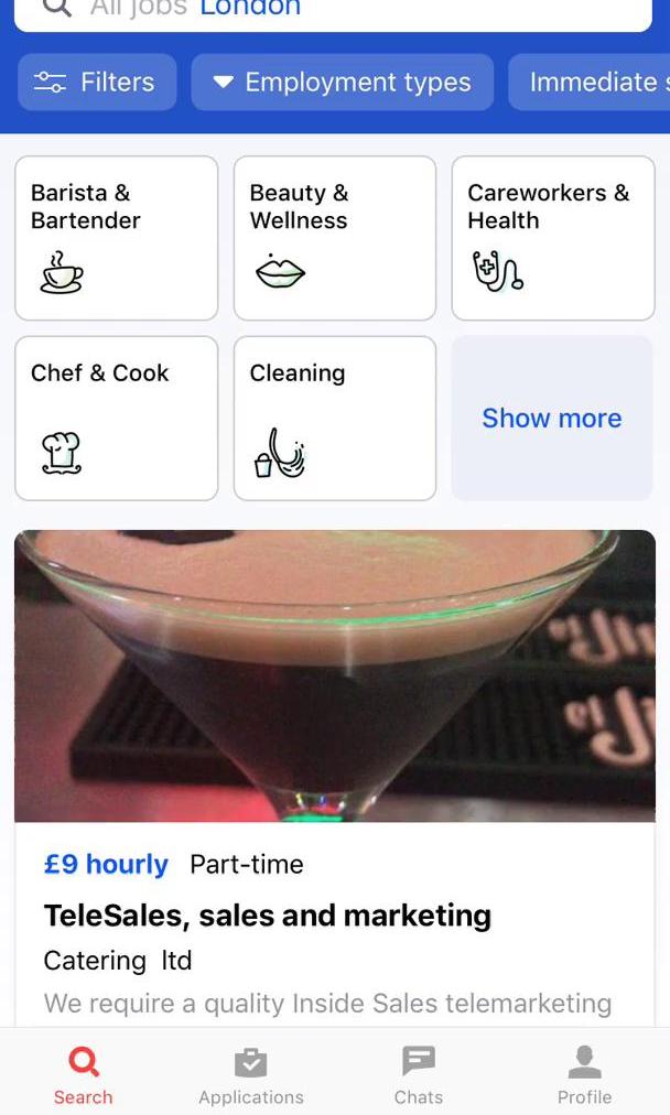 Job Today Search screen in the Applying As A Candidate flow