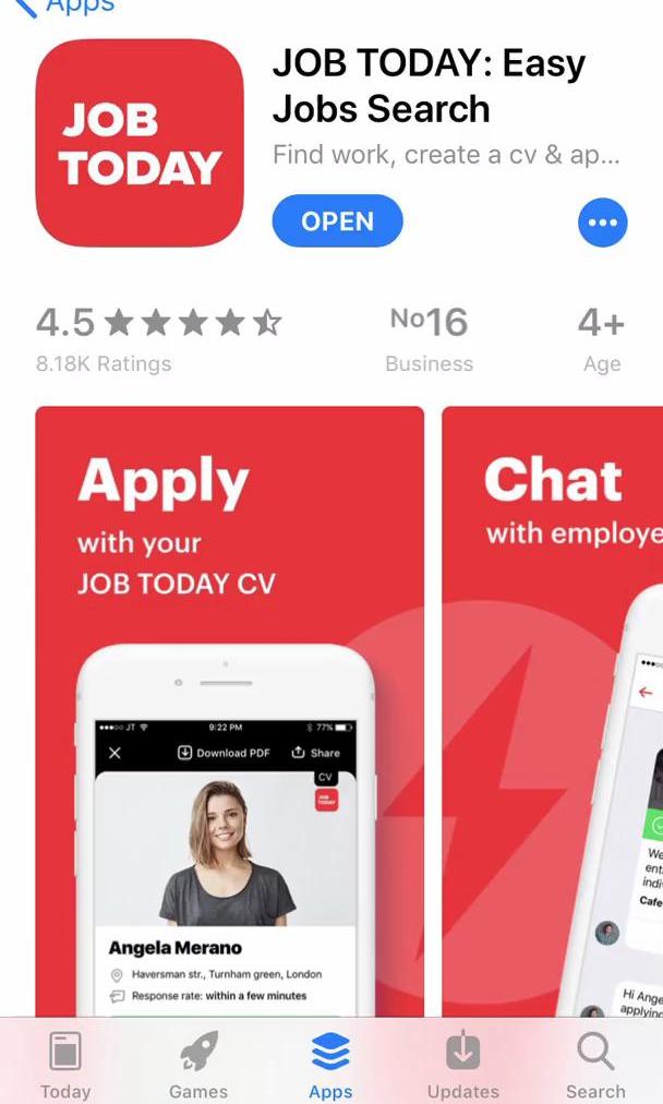 Job Today App store listing screen in the Onboarding flow