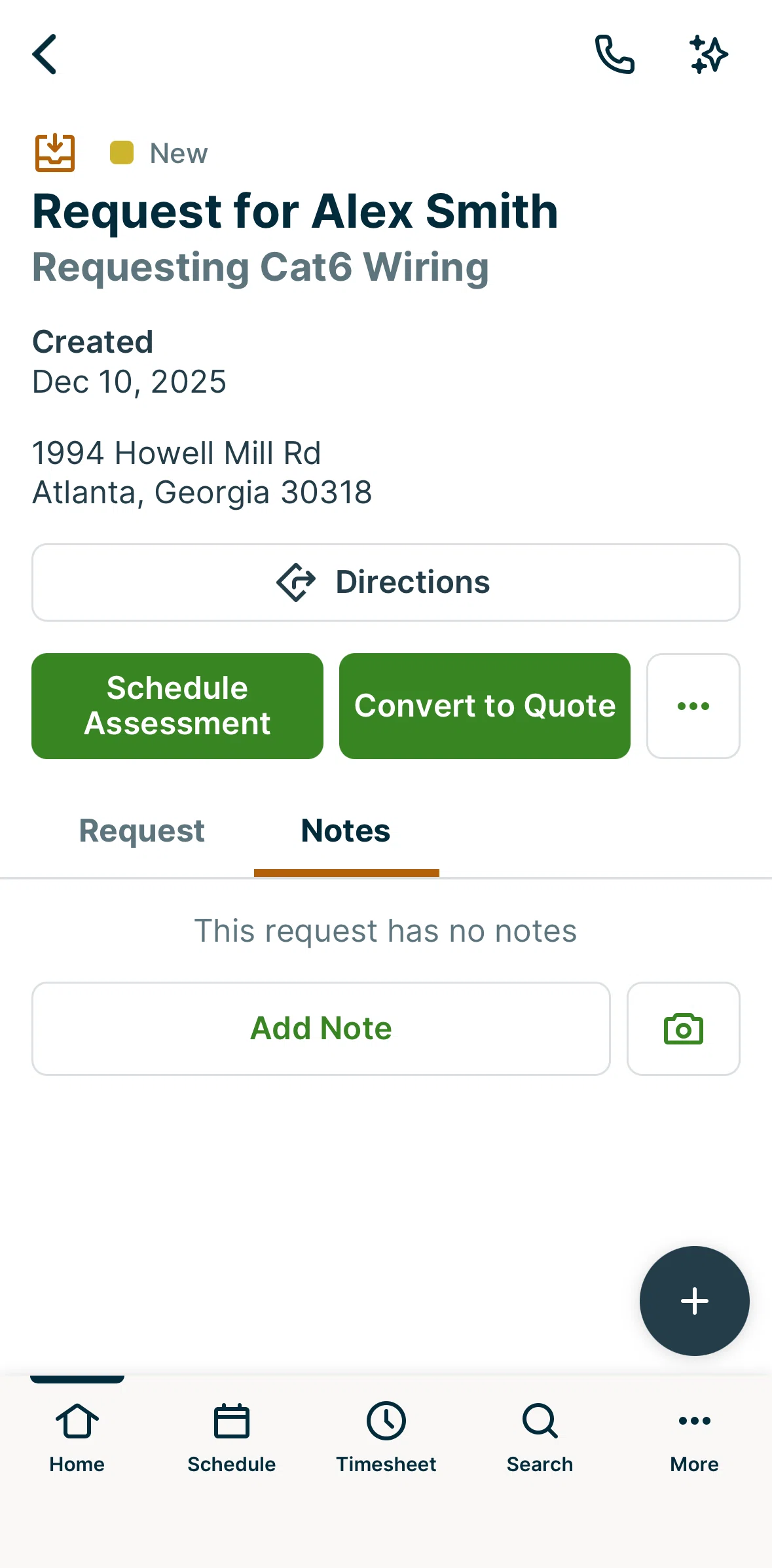 Jobber Screen screen in the Adding a note flow