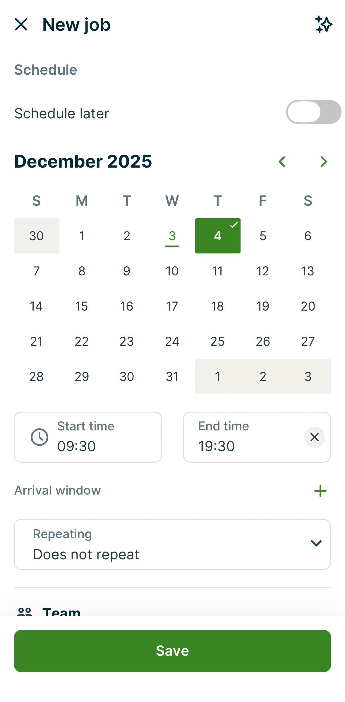 Jobber Screen screen in the Adding an arrival window flow