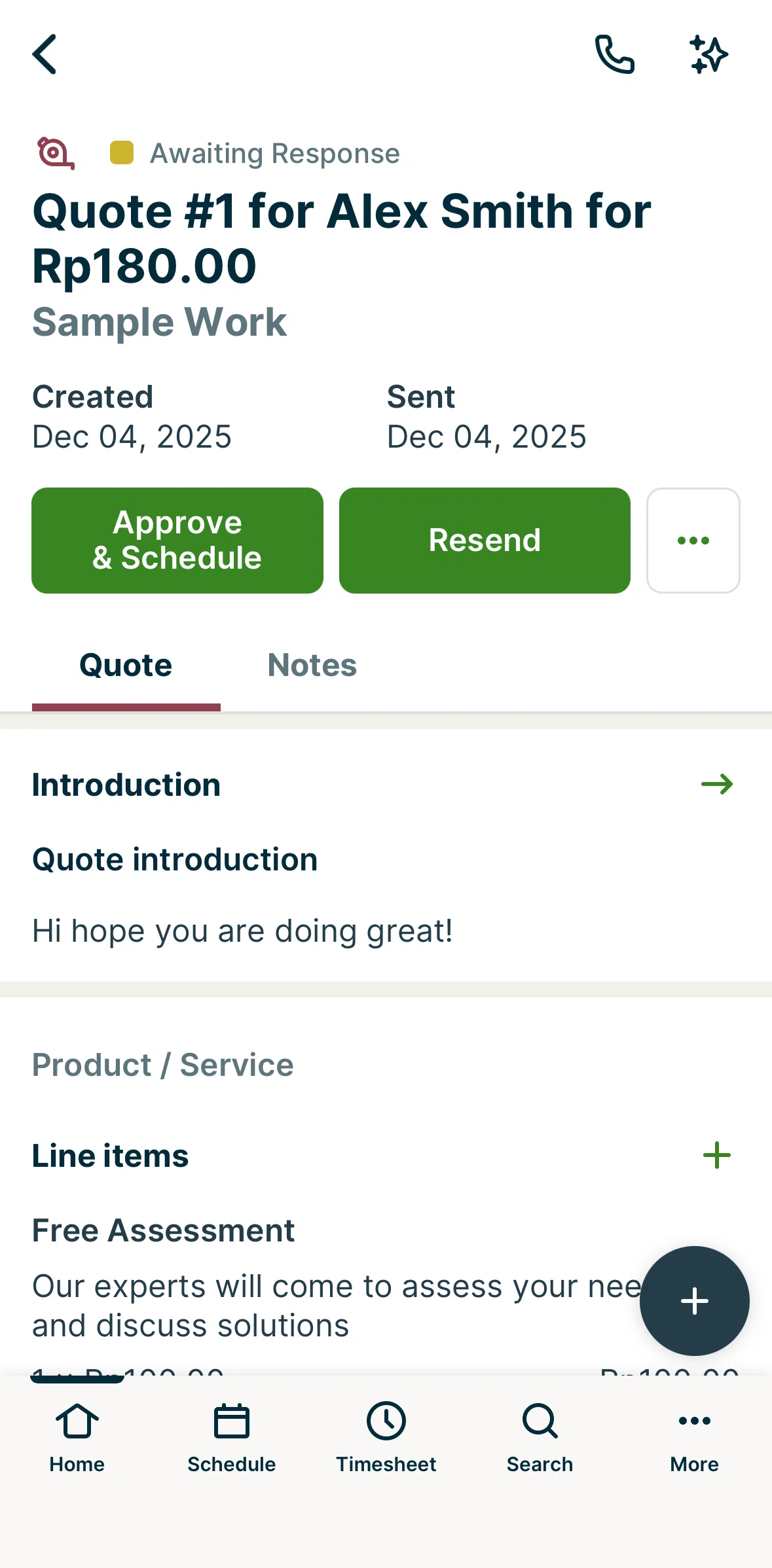 Jobber Screen screen in the Approving a quote flow