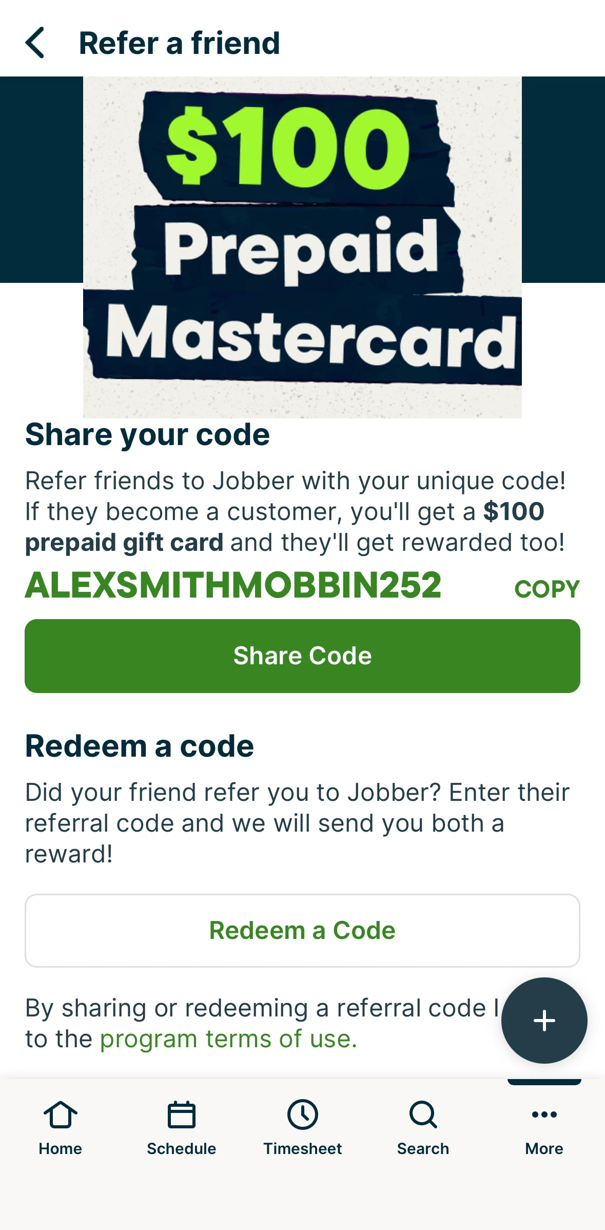 Jobber Screen screen in the Copying a code flow