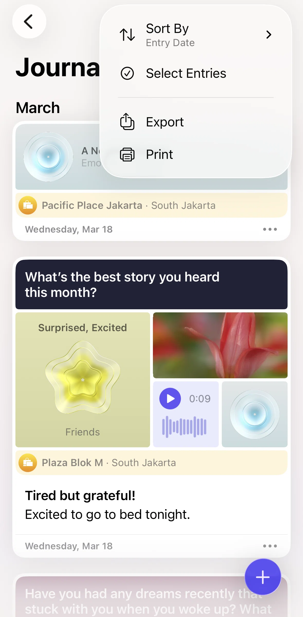 Journal Screen screen in the Exporting entries flow