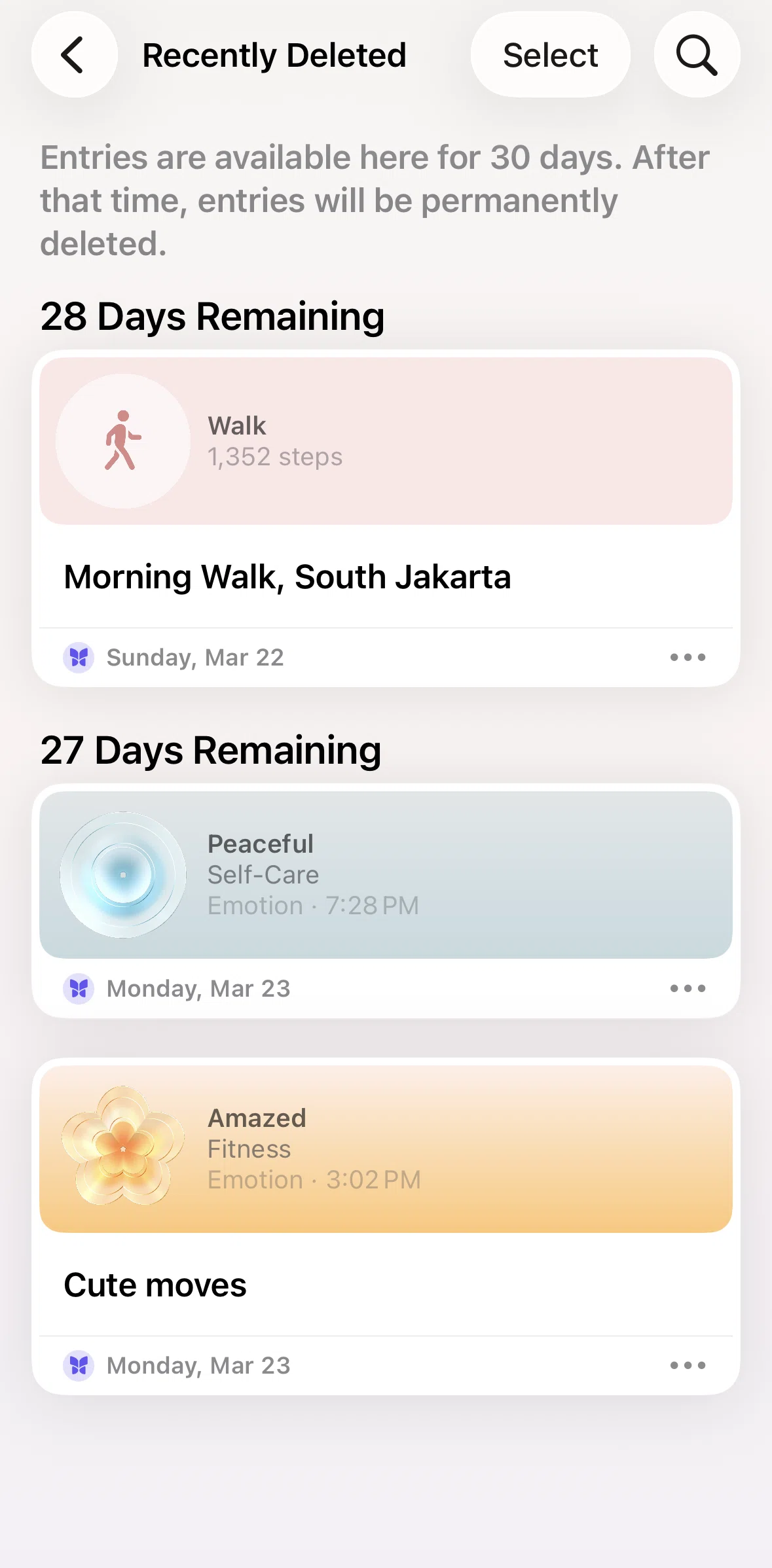 Journal Screen screen in the Recovering an entry flow