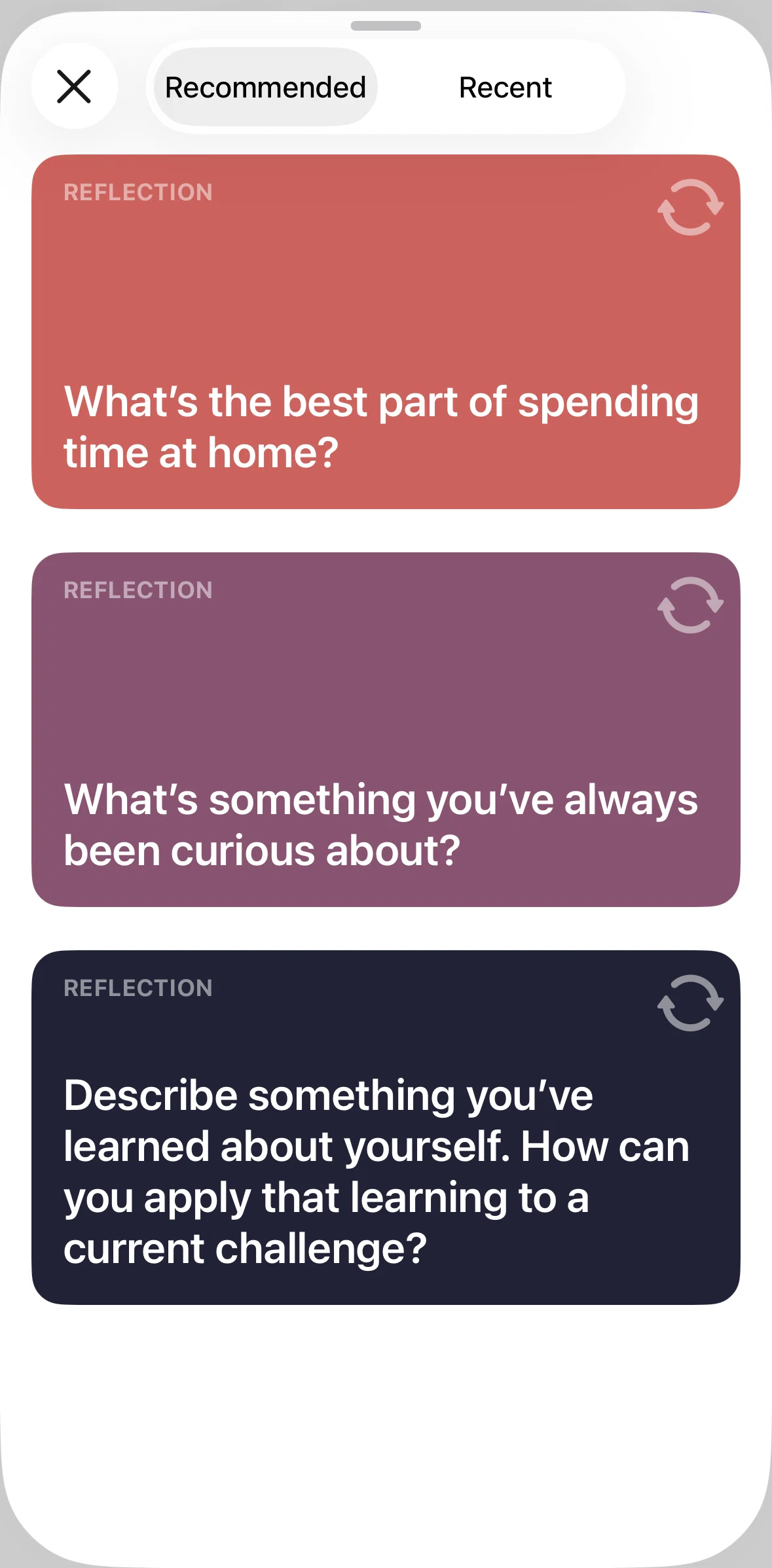 Journal Screen screen in the Shuffling reflections flow