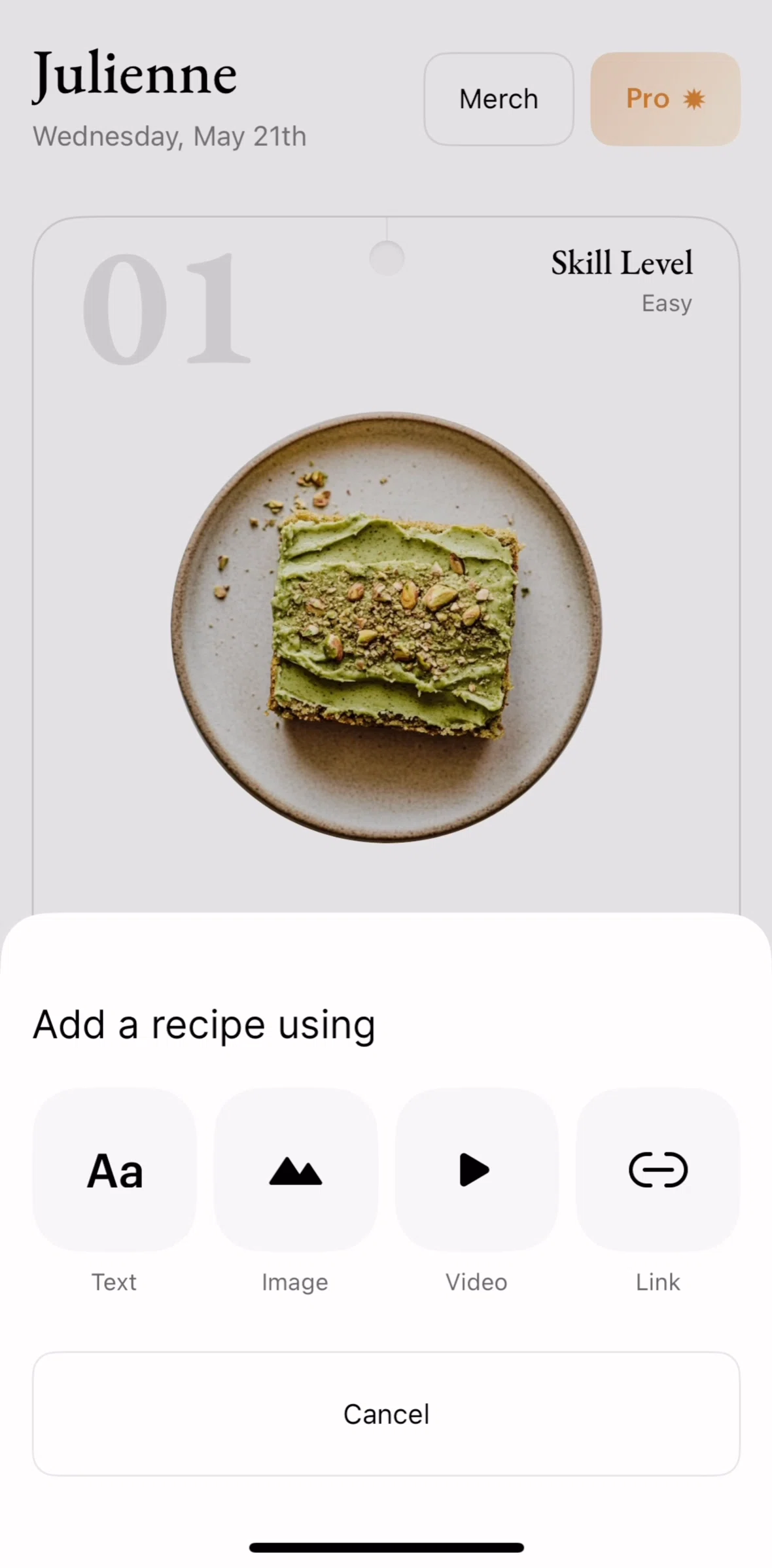 Julienne Screen screen in the Creating a recipe (image) flow