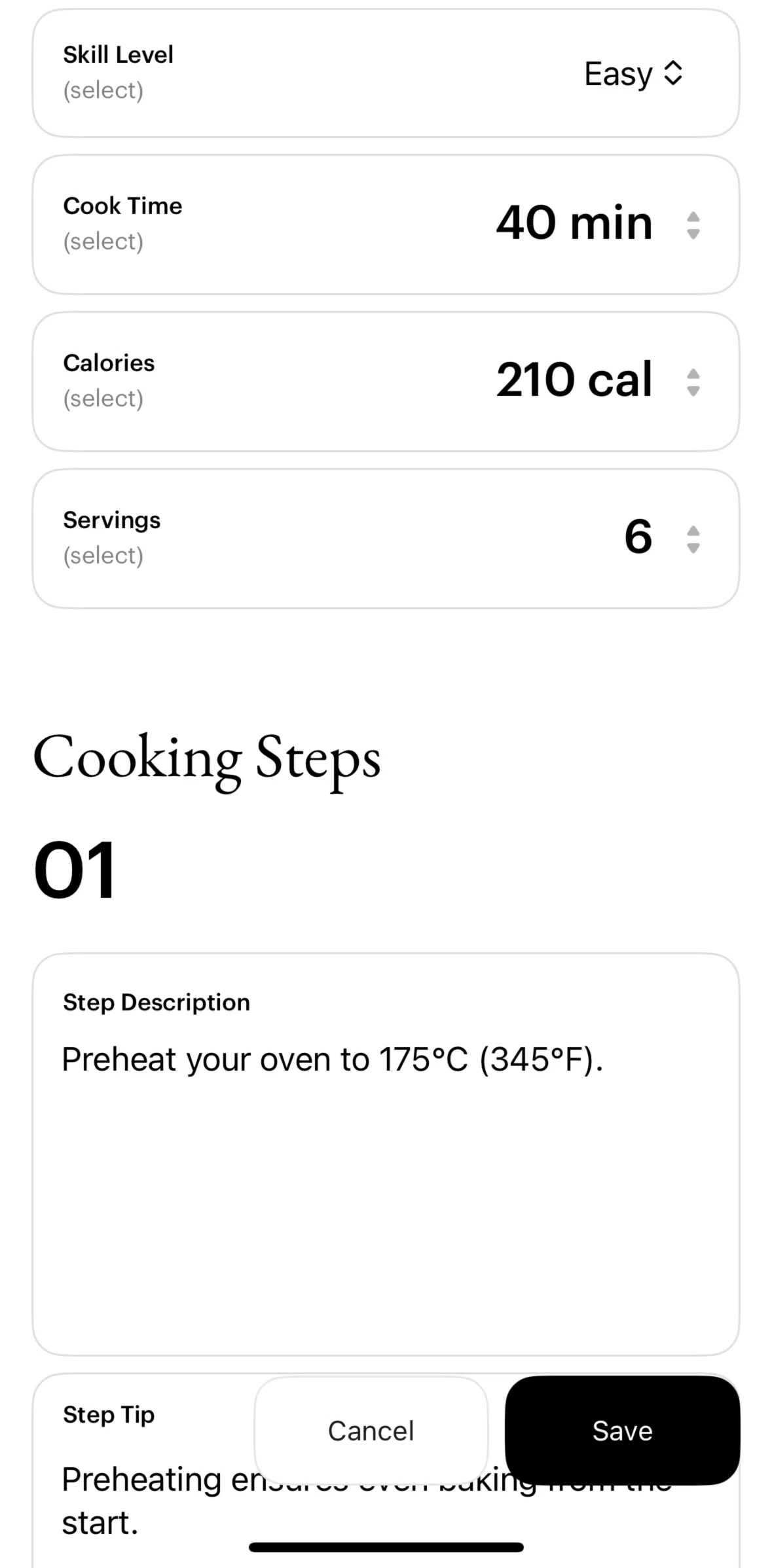 Julienne Screen screen in the Editing cook time flow