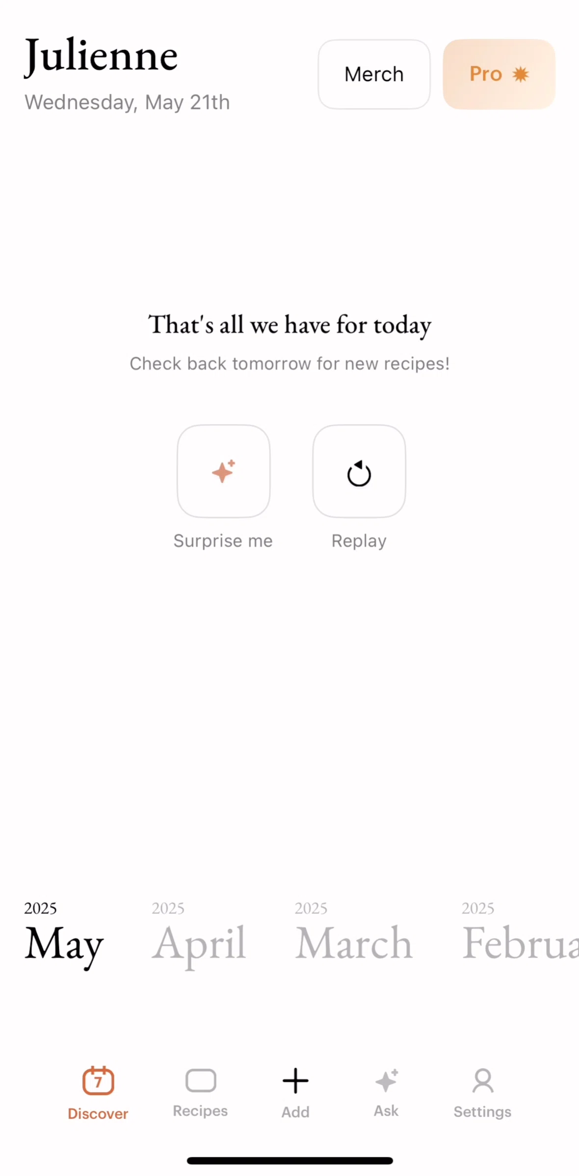 Julienne Screen screen in the Replaying daily recipes flow