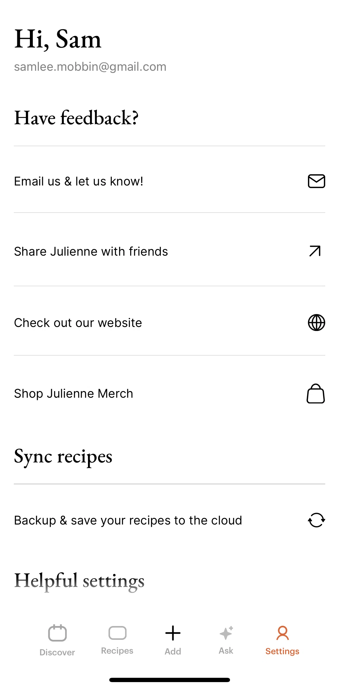 Julienne Screen screen in the Saving recipes to the cloud flow