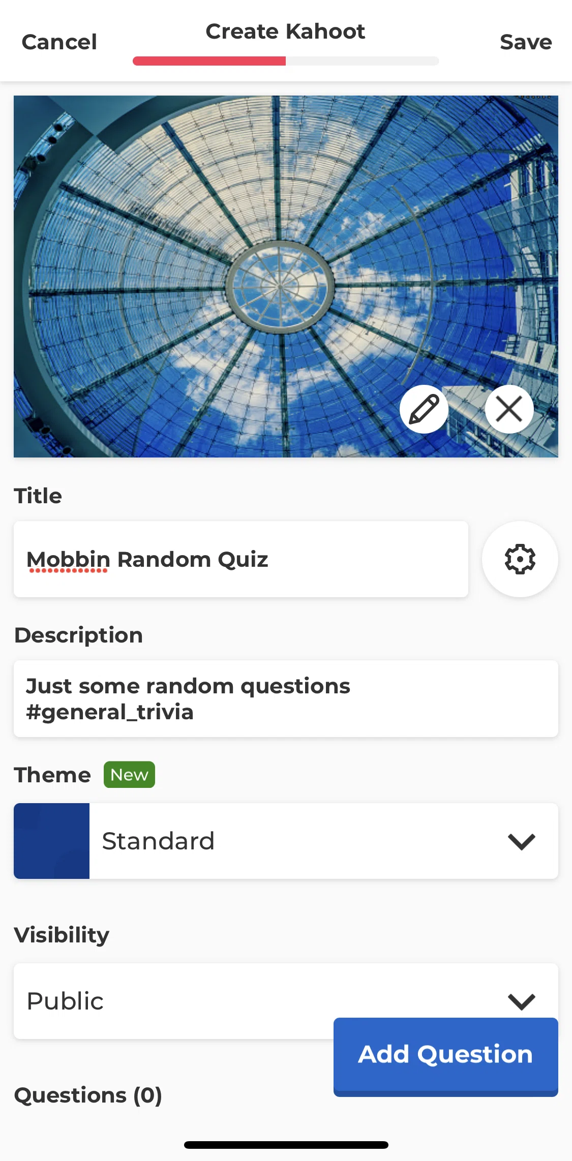 Kahoot Screen screen in the Adding a quiz question (text) flow