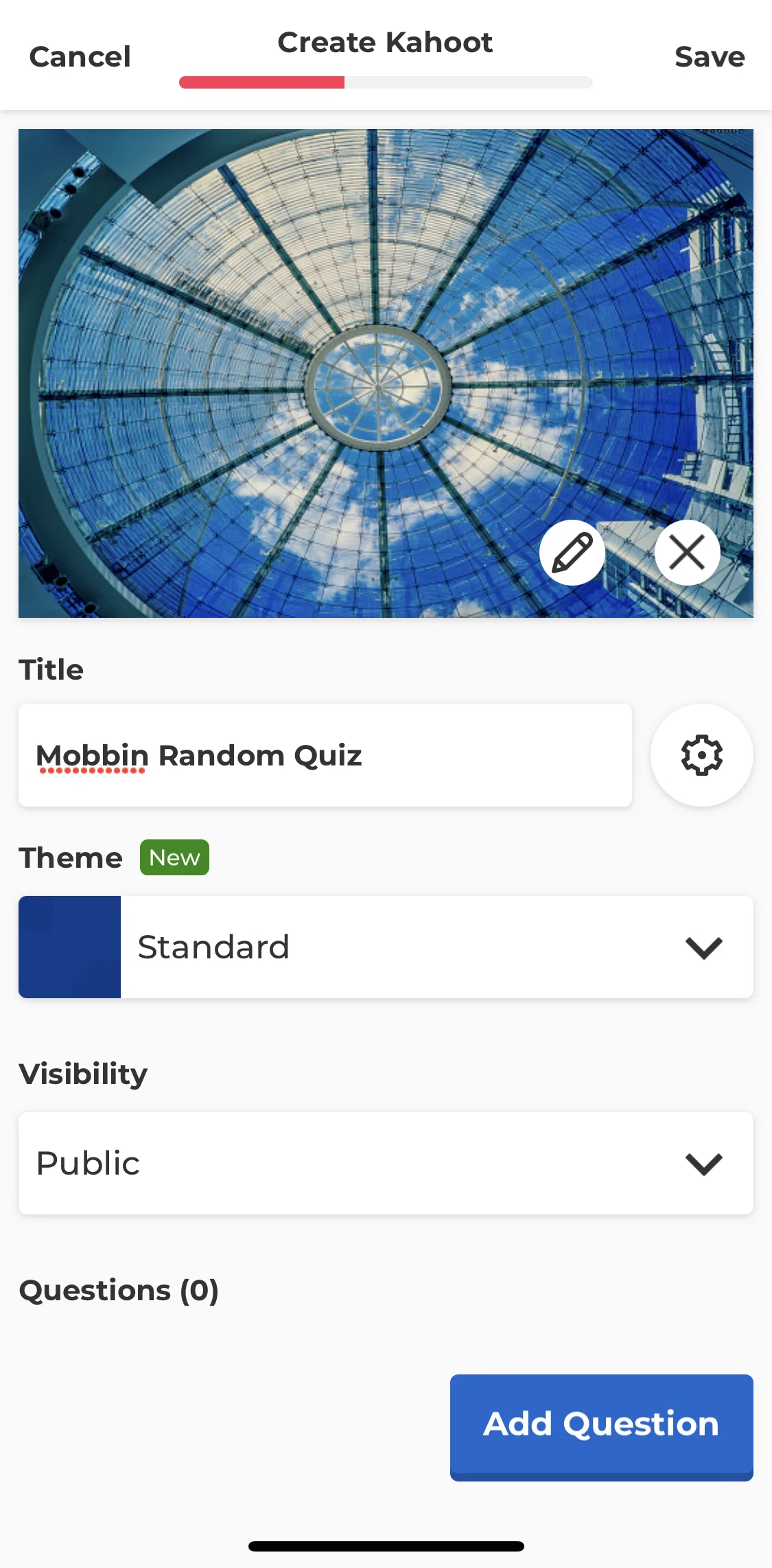 Kahoot Screen screen in the Adding quiz topic flow