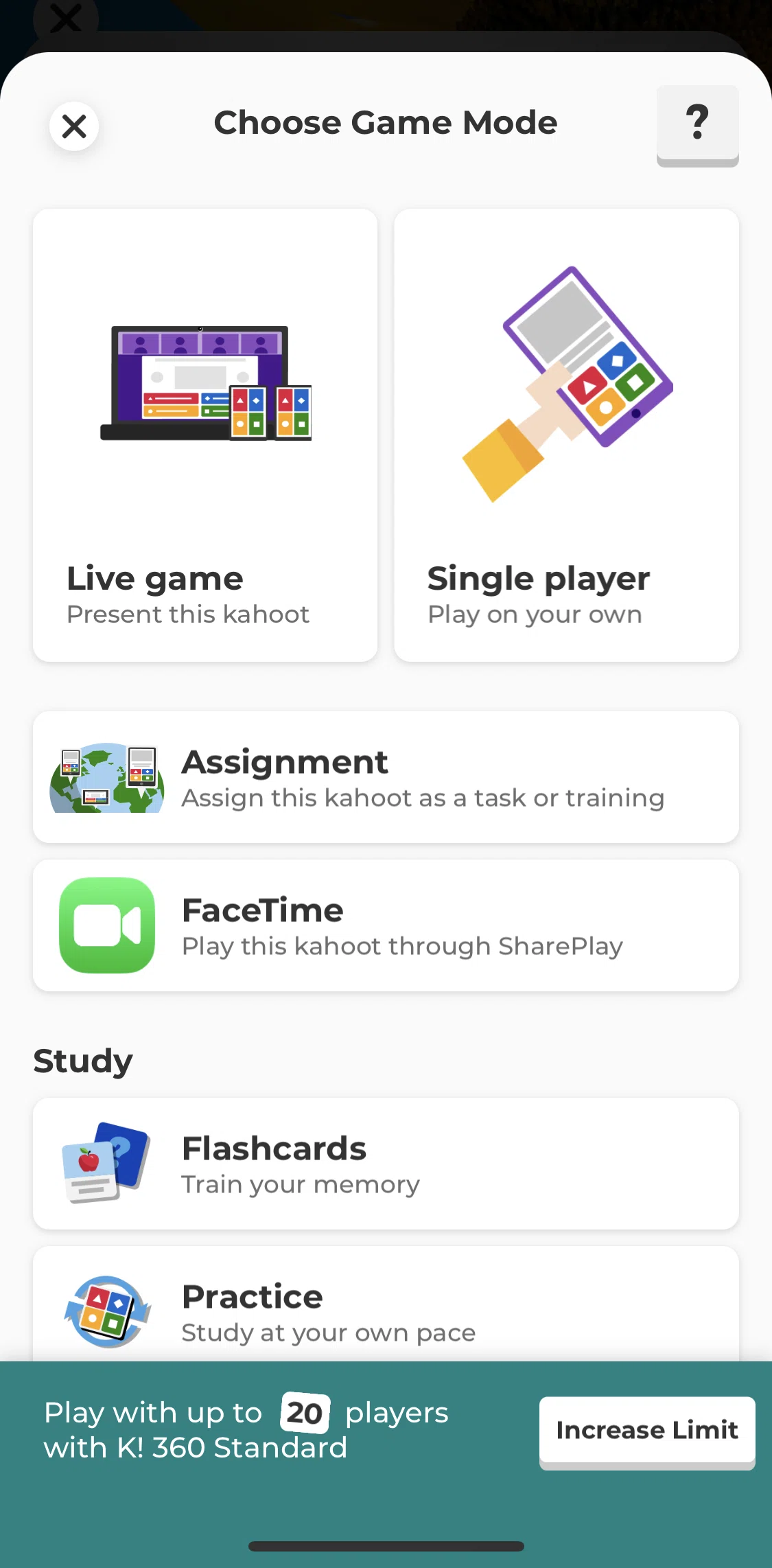 Kahoot Screen screen in the Hosting a quiz flow