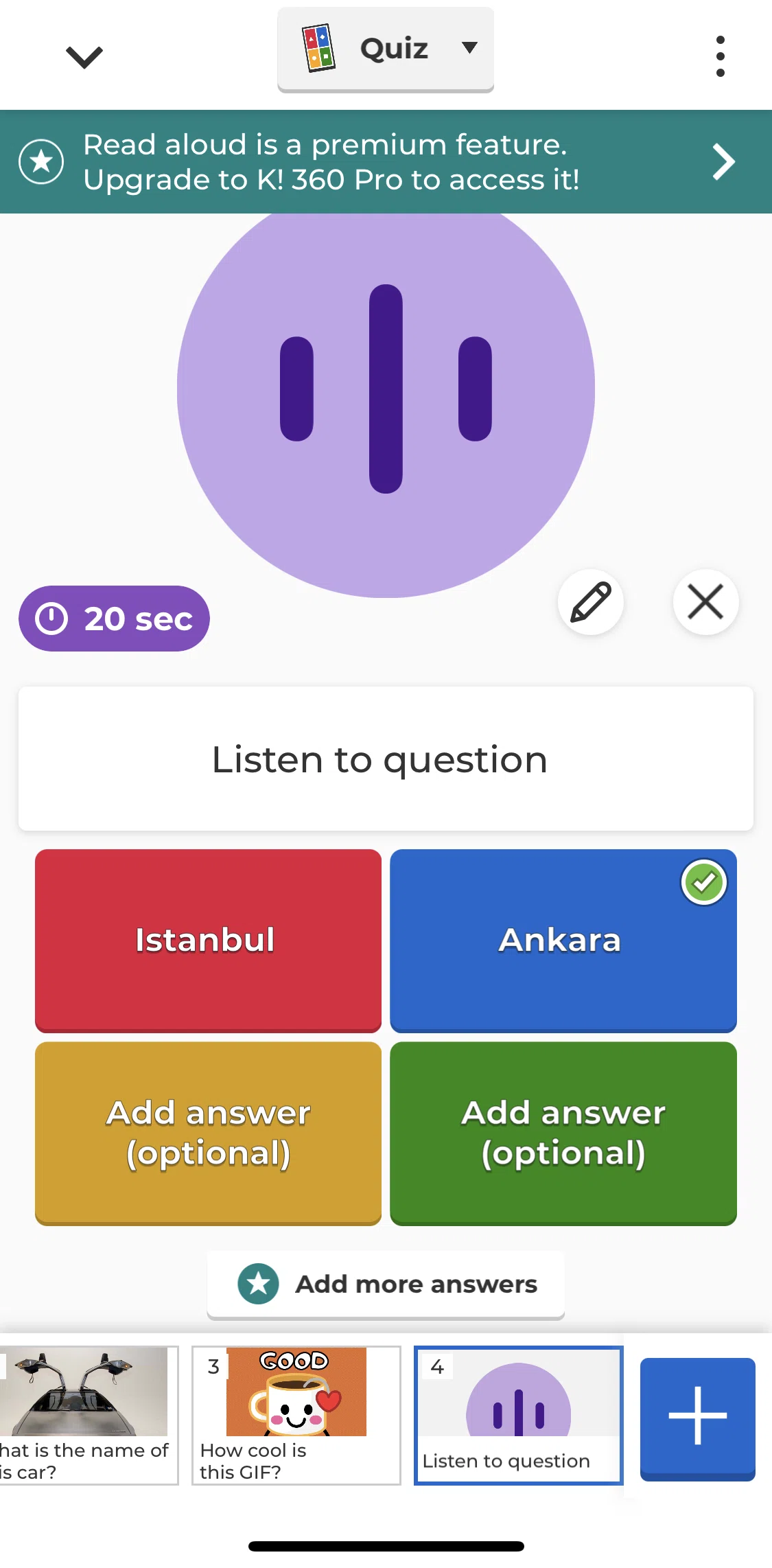 Kahoot Screen screen in the Previewing a question flow