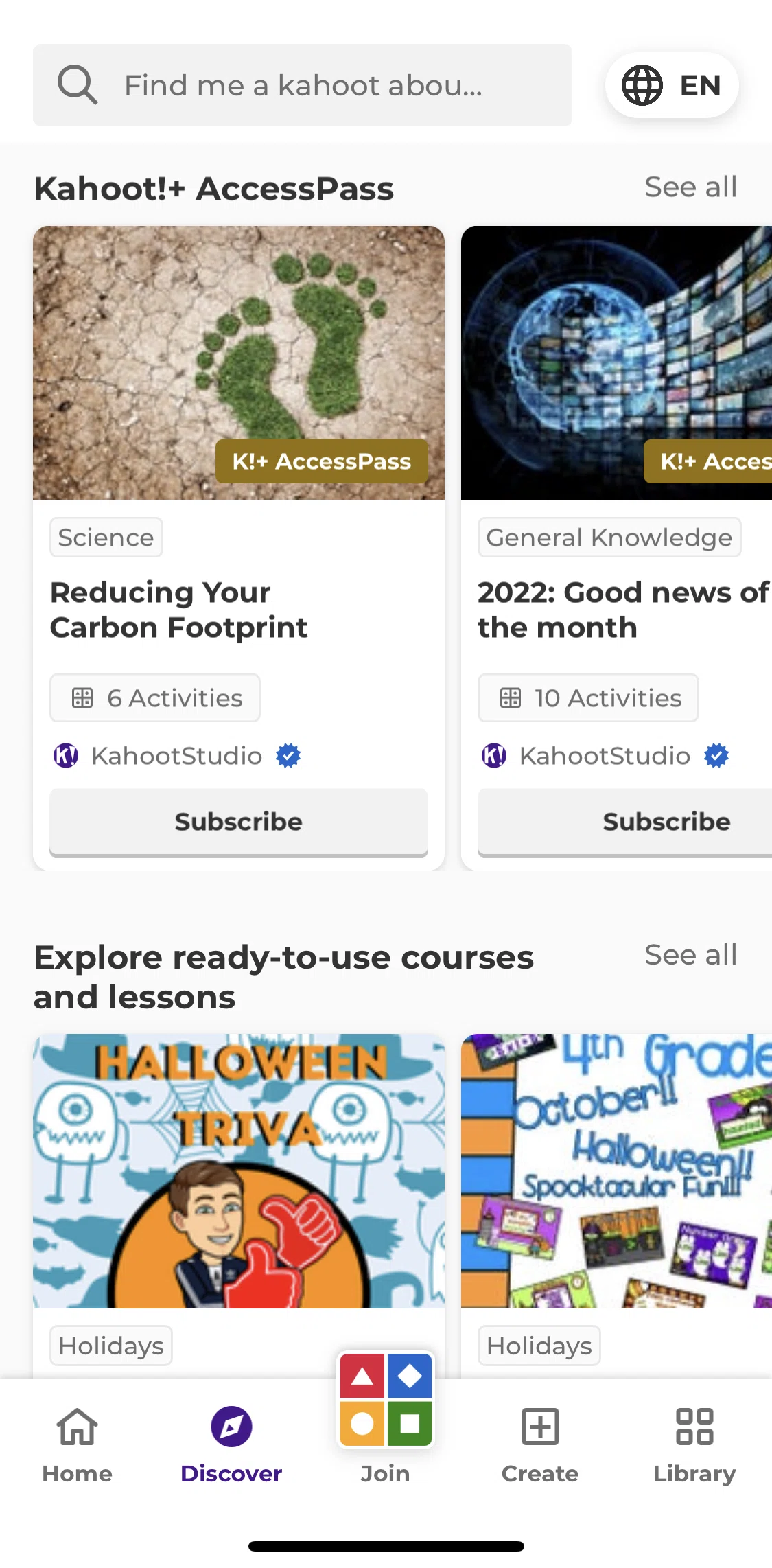 Kahoot Screen screen in the Purchasing a course flow