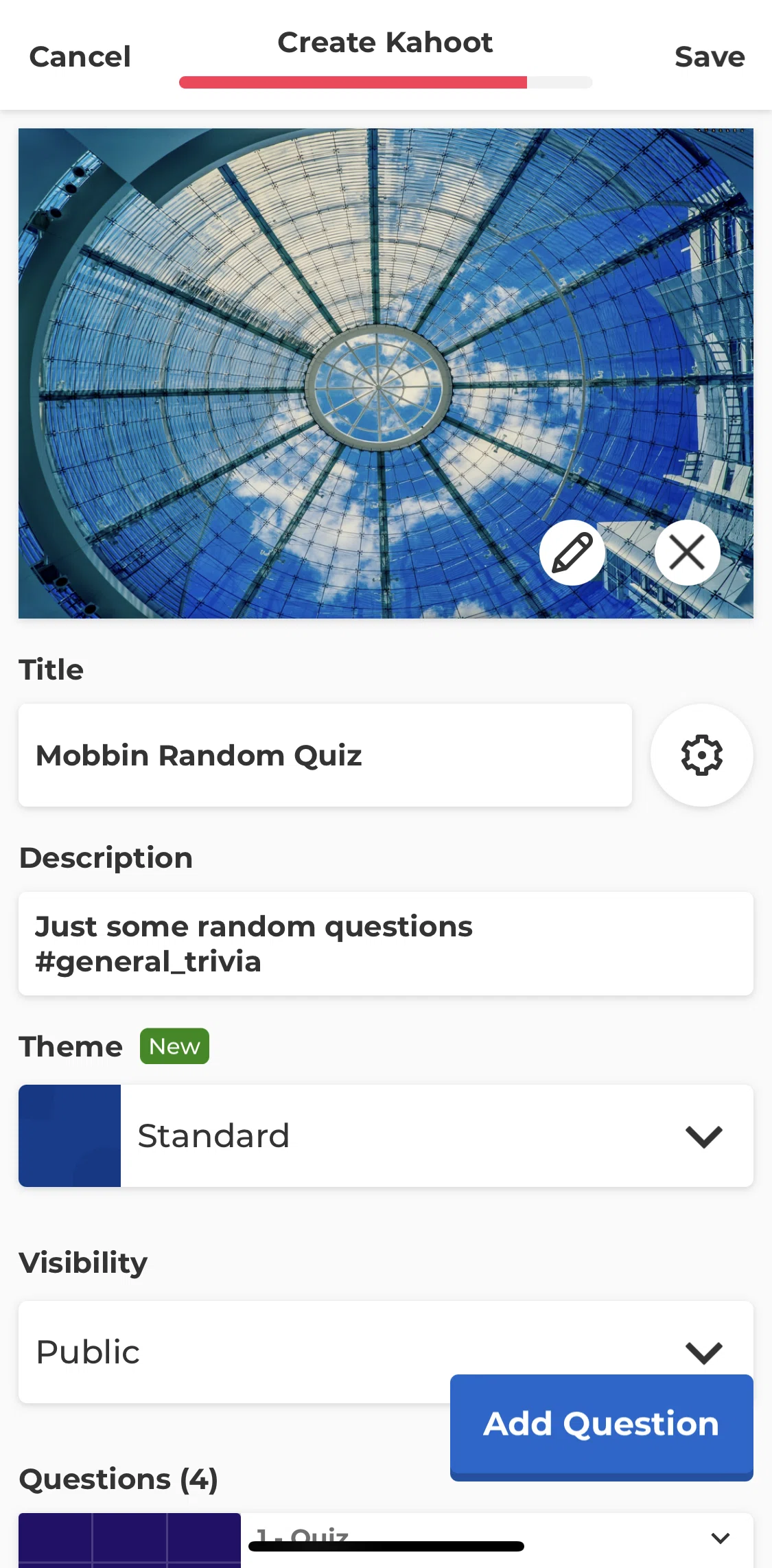 Kahoot Screen screen in the Saving a quiz flow