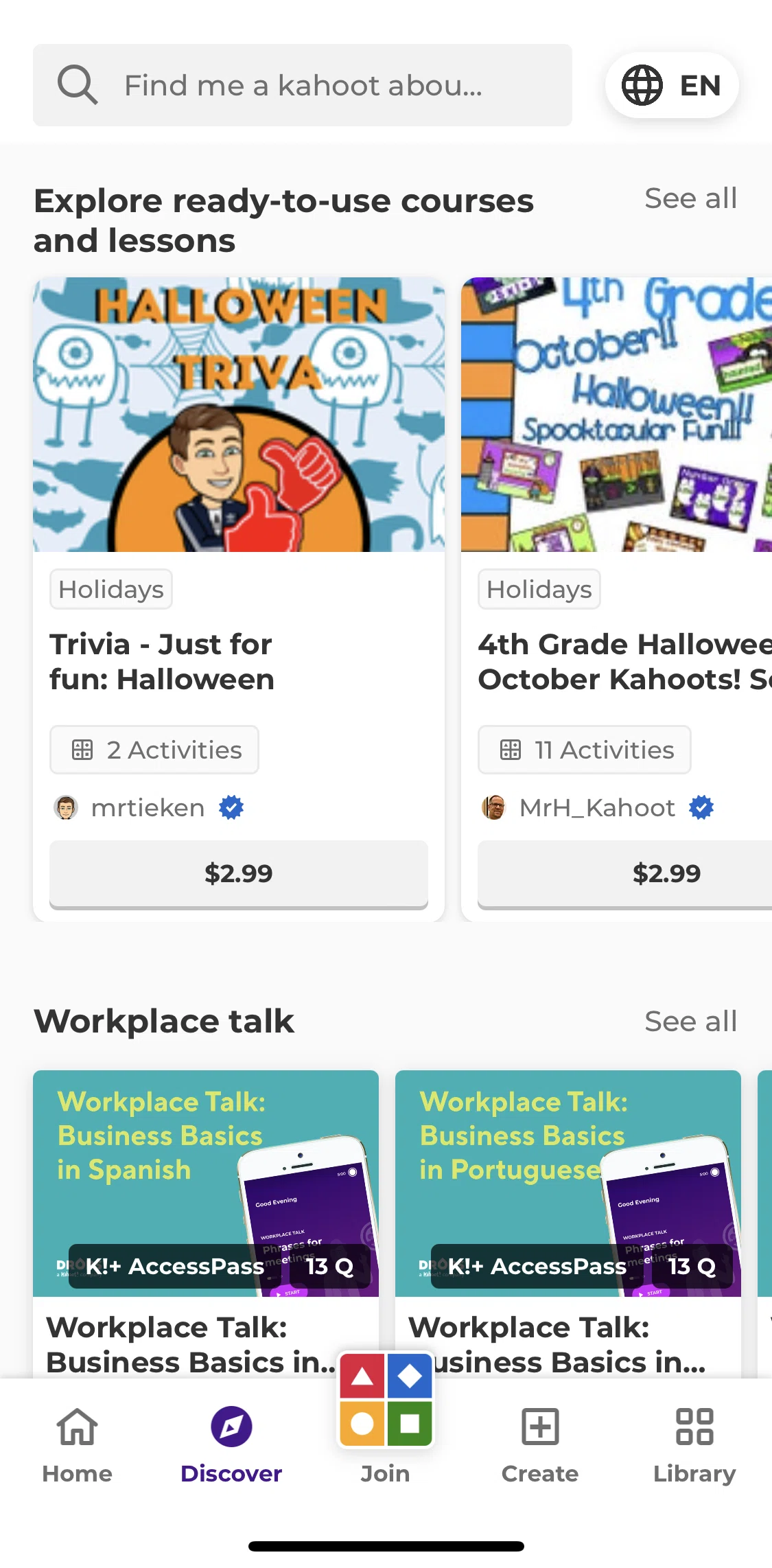 Kahoot Screen screen in the Subscribing to Kahoot Access Pass flow