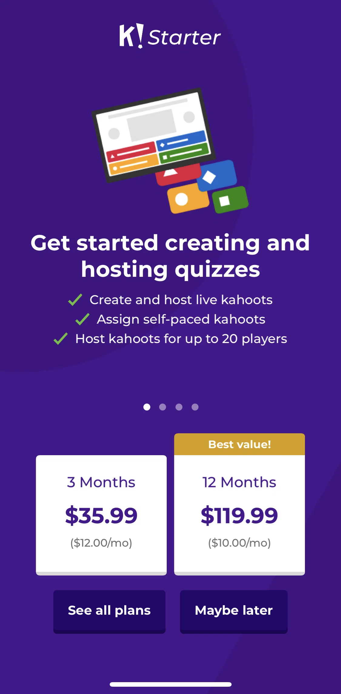 Kahoot Screen screen in the Subscribing to premium flow