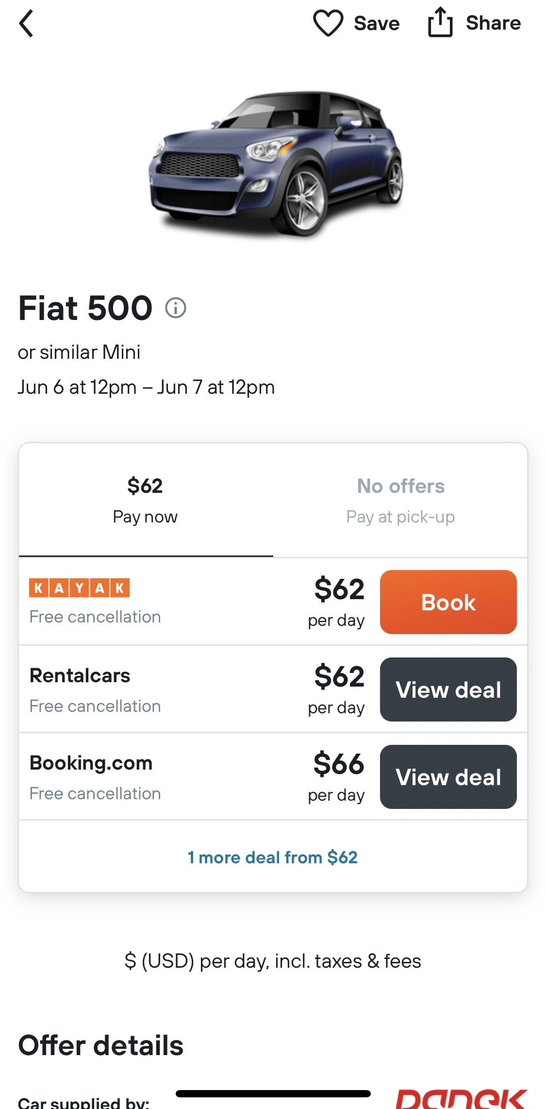 Kayak Screen screen in the Booking a car flow