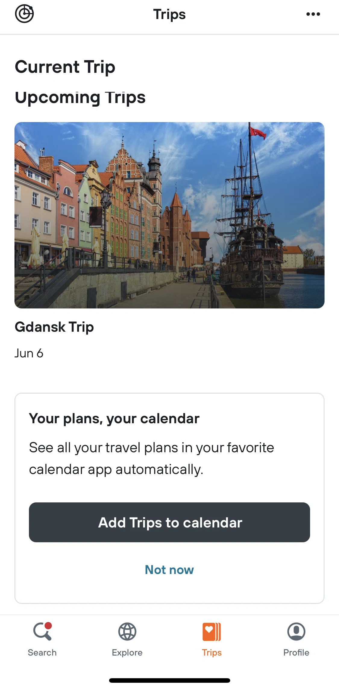Kayak Screen screen in the Creating a trip note flow