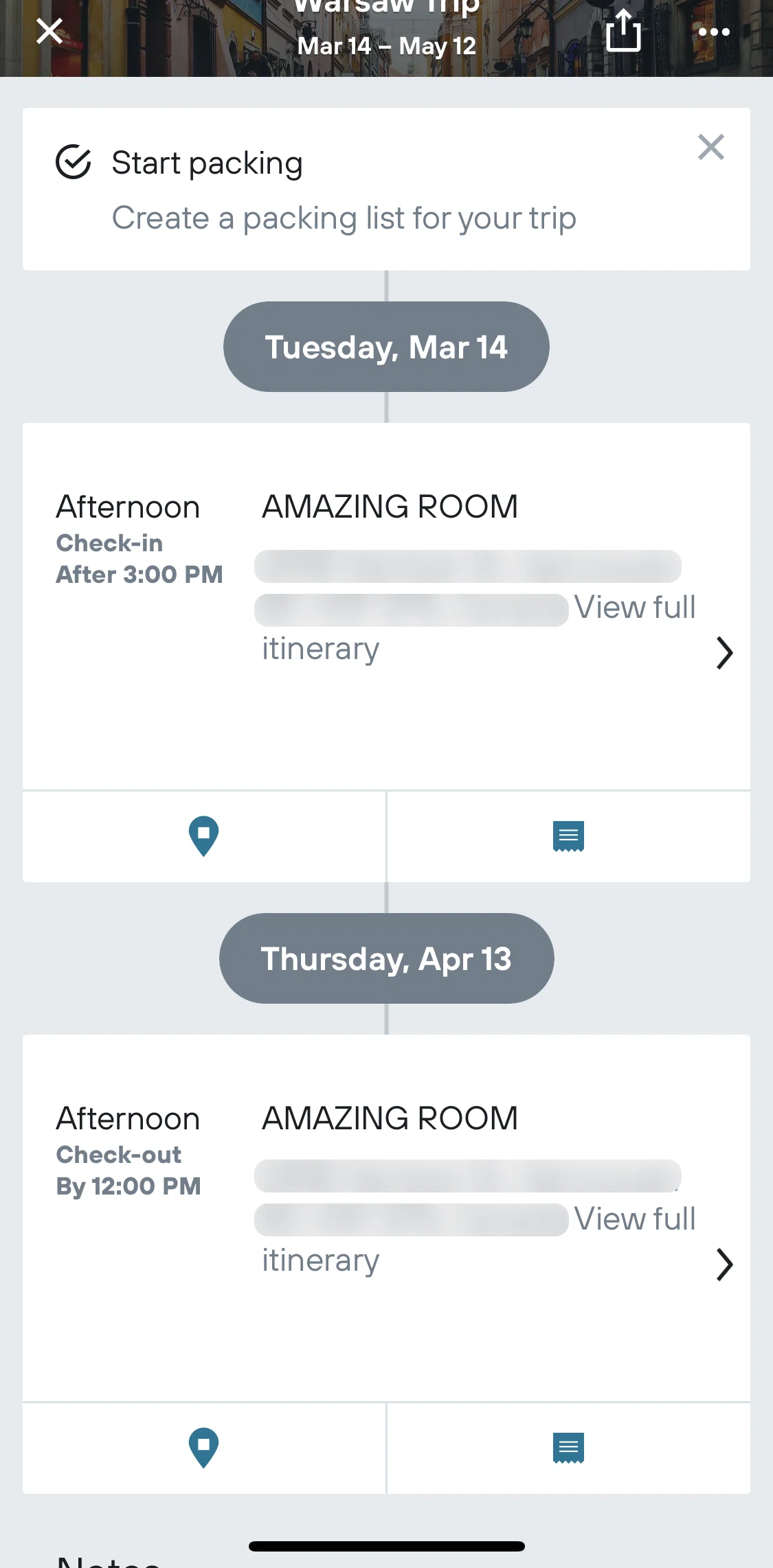 Kayak Screen screen in the Editing a packing list flow