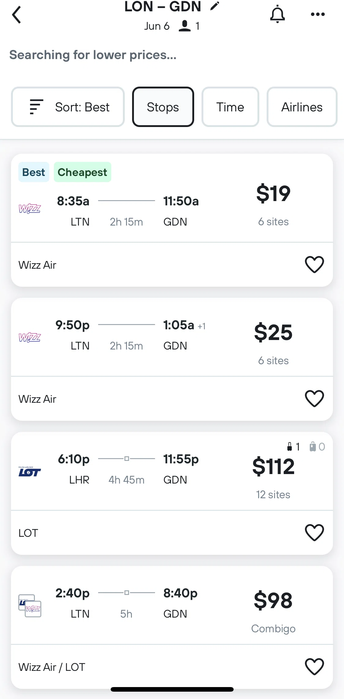 Kayak Screen screen in the Filtering search results flow